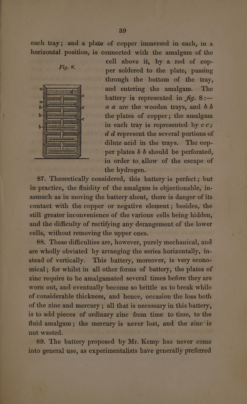each tray; and a plate of copper immersed in each, in a horizontal position, is connected with the amalgam of the cell above it, by a rod of cop- per soldered to the plate, passing through the bottom of the tray, and entering the amalgam. The battery is represented in jig. 8:— aa are the wooden trays, and 6 b the plates of copper; the amalgam in each tray is represented by cc; of Mil LLL d d represent the several portions of dilute acid in the trays. The cop- per plates 6 6 should be perforated, in order to_allow of the escape of the hydrogen. 87. Theoretically considered, this battery is wicenes but in practice, the fluidity of the amalgam is objectionable, in- asmuch as in moving the battery about, there is danger of its contact with the copper or negative element; besides, the still greater inconvenience of the various cells being hidden, and the difficulty of rectifying any derangement of the lower cells, without removing the upper ones. 88. These difficulties are, however, purely mechanical, and are wholly obviated by arranging the series horizontally, in- stead of vertically. ‘This battery, moreover, is very econo- mical; for whilst in all other forms of battery, the plates of zinc require to be amalgamated several times before they are worn out, and eventually become so brittle as to break while of considerable thickness, and hence, occasion the loss both of the zinc and mercury ; all that is necessary in this battery, is to add pieces of ordinary zinc from time. to time, to the fluid amalgam ; the mercury is never Jost, and the zinc is not wasted. 89. The battery proposed by Mr. Kemp has never come into general use, as experimentalists have generally preferred Fig. 8.
