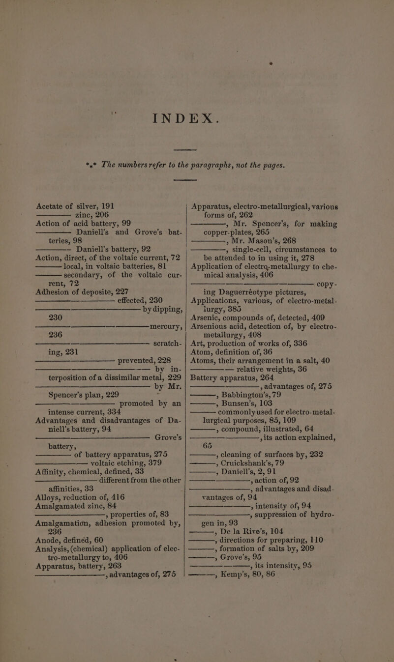 Acetate of silver, 191 zinc, 206 Action of acid battery, 99 — Daniell’s and Grove’s bat- teries, 98 Daniell’s battery, 92 Action, direct, of the voltaic current, 72 local, in voltaic batteries, 81 secondary, of the voltaic cur- rent, 72 Adhesion of deposite, 227 —— effected, 230 —— by dipping, 230 — mercury, 236 —_———-— scratch- ing, 231 a prevented, 228 ———_ — by in- terposition of a dissimilar metal, 229 by Mr. Spencer’s plan, 229 — promoted by an intense current, 334 Advantages and disadvantages of Da- niell’s battery, 94 a Grove’s battery, of battery apparatus, 275 ——__—_—_ voltaic etching, 379 Affinity, chemical, defined, 33 — different from the other affinities, 33 Alloys, reduction of, 416 Amalgamated zinc, 84 ——— » properties of, 83 Amalgamation, adhesion promoted by, 236 Anode, defined, 60 Analysis, (chemical) application of elec- tro-metallurgy to, 406 Apparatus, battery, 263 es , advantages of, 275 | Apparatus, electro-metallurgical, various forms of, 262 : » Mr. Spencer’s, for making copper-plates, 265 , Mr. Mason’s, 268 » single-cell, circumstances to be attended to in using it, 278 Application of electro-metallurgy to che- mical analysis, 406 ——_—_—___———— copy- ing Daguerréotype pictures, Applications, various, of electro-metal- lurgy, 385 Arsenic, compounds of, detected, 409 Arsenious acid, detection of, by electro- metallurgy, 408 Art, production of works of, 336 Atom, definition of, 36 Atoms, their arrangement in a salt, 40 — relative weights, 36 Battery apparatus, 264 —__———_,, advantages of, 275 , Babbington’s, 79 , Bunsen’s, 103 commonly used for electro-metal- lurgical purposes, 85, 109 » compound, illustrated, 64 ,its action explained, 65 , cleaning of surfaces by, 232 , Cruickshank’s, 79 ———, Daniell’s, 2, 91 , action of, 92 , advantages and disad. vantages of, 94 » intensity of, 94 » suppression of hydro- gen in, 93 » De la Rive’s, 104 , directions for preparing, 110 , formation of salts by, 209 ———, Grove’s, 95 a , its intensity, 95 —_—, Kemp's, 80, 86
