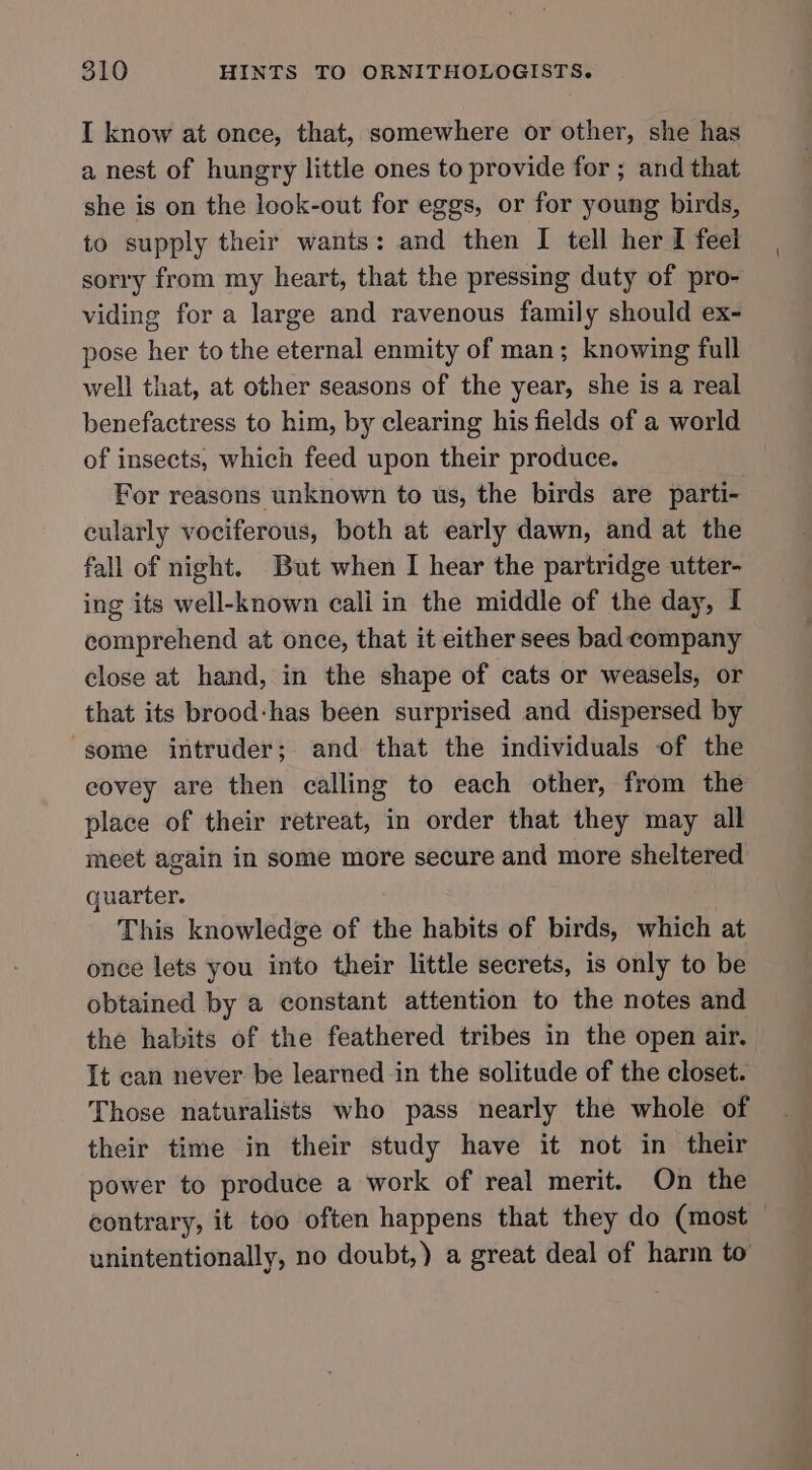 I know at once, that, somewhere or other, she has a nest of hungry little ones to provide for ; and that she is on the look-out for eggs, or for young birds, to supply their wants: and then I tell her I feel sorry from my heart, that the pressing duty of pro- viding for a large and ravenous family should ex- pose her to the eternal enmity of man; knowing full well that, at other seasons of the year, she is a real benefactress to him, by clearing his fields of a world of insects, which feed upon their produce. For reasons unknown to us, the birds are parti- cularly vociferous, both at early dawn, and at the fall of night. But when I hear the partridge utter- ing its well-known cali in the middle of the day, I comprehend at once, that it either sees bad company close at hand, in the shape of cats or weasels, or that its brood-has been surprised and dispersed by some intruder; and that the individuals of the covey are then calling to each other, from the place of their retreat, in order that they may all meet again in some more secure and more sheltered quarter. This knowledge of the habits of birds, which at once lets you into their little secrets, is only to be obtained by a constant attention to the notes and the habits of the feathered tribes in the open air. It can never be learned in the solitude of the closet. Those naturalists who pass nearly the whole of their time in their study have it not in their power to produce a work of real merit. On the contrary, it too often happens that they do (most — unintentionally, no doubt,) a great deal of harm to