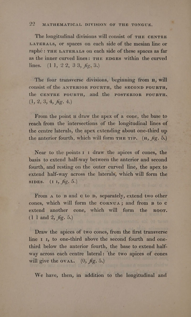The longitudinal divisions will consist of THE CENTRE LATERALS, or spaces on each side of the mesian line or raphé : THE LATERALS on each side of these spaces as far as the inner curved lines: THE EDGES within the curved lines. <3(1°1,°2)2)- 35'S, yie, 9:) The four transverse divisions, beginning from 4, will consist of the ANTERIOR FOURTH, the SECOND FOURTH, the CENTRE FOURTH, and the POSTERIOR FOURTH. (1, 2, 3, 4, fig. 4.) From the point u draw the apex of a cone, the base to reach from the intersections of the longitudinal lines of the centre laterals, the apex extending about one-third up the anterior fourth, which will form THE TIP. (H, fig. 5.) Near to the points 1 1 draw the apices of cones, the basis to extend half-way between the anterior and second fourth, and resting on the outer curved line, the apex to extend half-way across the laterals, which will form the SIDES. (11, fig. 5.) From a to B and ¢ to D, separately, extend two other cones, which will form the cornuA; and from B to c extend another cone, which will form the Rroor. (1 1 and 2, fg. 5.) Draw the apices of two cones, from the first transverse line 1 1, to one-third above the second fourth and one- third below the anterior fourth, the base to extend half- way across each centre lateral: the two apices of cones will give the ovau. (0, fig. 5.) We have, then, in addition to the longitudinal and