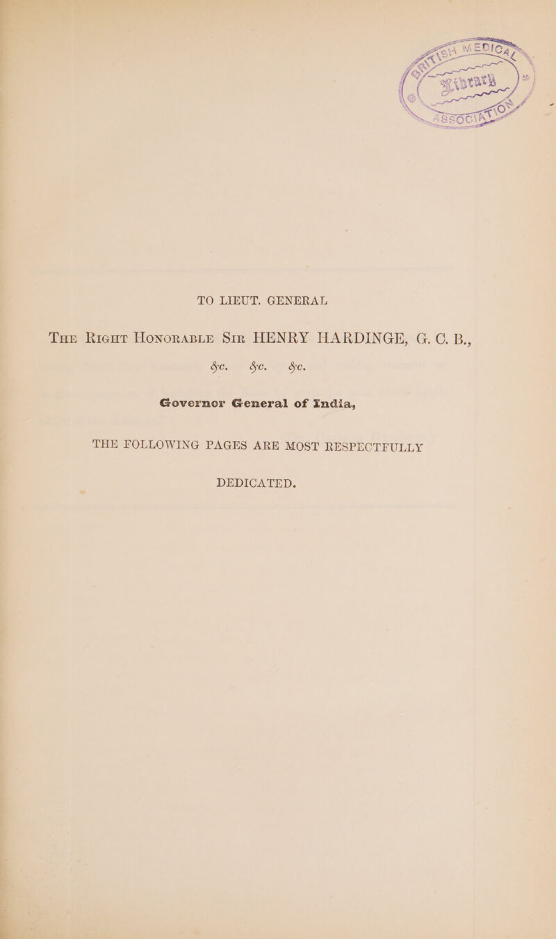 Tue Rigur HonorasLte Sir HENRY HARDINGE, G.C. B., je. OCs ee ee: 7 Governor Gonerai of India, THE FOLLOWING PAGES ARE MOST RESPECTFULLY 2 DEDICATED.