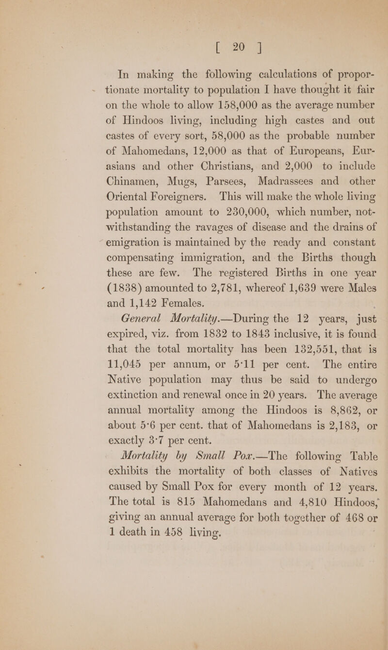 [eT In making the following calculations of propor- tionate mortality to population I have thought it fair on the whole to allow 158,000 as the average number of Hindoos living, including high castes and out castes of every sort, 58,000 as the probable number of Mahomedans, 12,000 as that of Europeans, Eur- asians and other Christians, and 2,000 to include Chinamen, Mugs, Parsees, Madrassees and other Oriental Foreigners. This will make the whole living population amount to 230,000, which number, not- withstanding the ravages of disease and the drains of emigration is maintained by the ready and constant compensating immigration, and the Births though these are few. The registered Births in one year (1838) amounted to 2,781, whereof 1,639 were Males and 1,142 Females. | General Mortality.—During the 12 years, just expired, viz. from 1832 to 1843 inclusive, it is found that the total mortality has been 132,551, that is 11,045 per annum, or 5°‘11 per cent. The entire Native population may thus be said to undergo extinction and renewal once in 20 years. The average annual mortality among the Hindoos is 8,862, or about 5°6 per cent. that of Mahomedans is 2,183, or exactly 3°7 per cent. Mortahty by Small Por.—The following Table exhibits the mortality of both classes of Natives caused by Small Pox for every month of 12 years. The total is 815 Mahomedans and 4,810 Hindoos,; giving an annual average for both together of 468 or