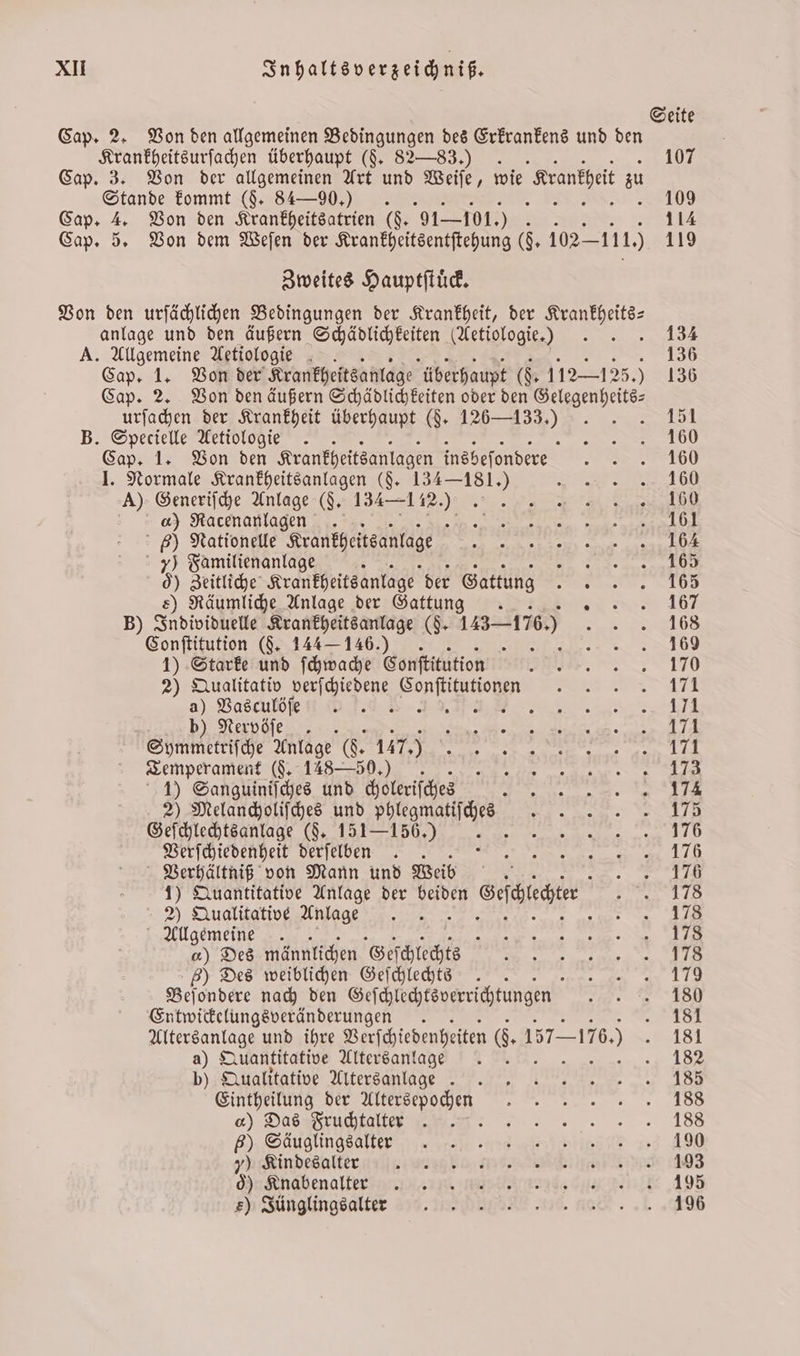 Seite Cap. 2. Von den allgemeinen Bedingungen des Erkrankens und den Krankheitsurſachen überhaupt (§. 82—83.) . 107 Cap. 3. Von der allgemeinen Art und N, wie Krankhet zu Stande kommt (§. 84—90.) . 109 Cap. 4. Von den Krankheitsatrien (§. 91-101. 114 Cap. 5. Von dem Weſen der Krankheltsentſtehung 6. 102 — 1110 119 Zweites Hauptſtuͤck. Von den urſächlichen Bedingungen der Krankheit, der . anlage und den äußern Schädlichkeiten Aetiologie.) . 134 A. Allgemeine Aetiologie . 136 Cap. 1. Von der Krankheitsanlage überhaupt G. 112125. ) 136 Cap. 2. Von den äußern Schädlichkeiten oder den dels urſachen der Krankheit überhaupt (F. Zar) 2 8 151 B. Specielle Aetiologie .. n Cap. 1. Von den Krankheitsanlagen insbeſondere 1560 J. Normale BE (F. 134—181.) F AR.) „e „ d l a) Racenanlagen N Re re ei: 6) Nationelle Krankheitsanlage e a ee 7) Familienanlage ; Se A. b) Zeitliche Krankheitsanlage der Gattung 155 2 Räumliche Anlage der Gattung . en B) Individuelle Krankheitsanlage (d. 1 1160 ER le‘ Conſtitution (§. 144—146.) . x er. &gt;40 1) Starke und ſchwache Conſtitution 170 2) Qualitativ verſchiedene Conſtitutionen . . 171 3) Vasco h r , 11 b) Nervöſe . . Symmetriſche Anlage 6G. 147.) N Mee Tempera ß . ũ ß ̃ . 1) Sanguiniſches und choleriſches E 2) Melancholiſches und W ches r VRATTE Geſchlechtsanlage (§. 151156.) 5 e N Berſchie denheit drehen 128 Verhältniß von Mann und Weib r 1) Quantitative Anlage der beiden Geſchlechter et 2) Qualitative Anlage n Allgemeine . C a) Des männlichen Geſchlechts eee e eee 5) Des weiblichen Geſchlechts .. n Beſondere nach den Geſchlechtsverrichtungen f Entwickelungsveränderungen . 2101 Altersanlage und ihre Verſchiedenheiten 6 157176. 0 181 1 Quantitative Altersanlage . g 148 b) Qualitative Alters anlage 185 Eintheilung der Altersepoche ns. . 188 G Das ue 1388 nee,, md ie AI „* Kindesalter ende: 0 Knäbenalte n e e nde tue 495 5) Jünglings alter enn 10. ne. 98