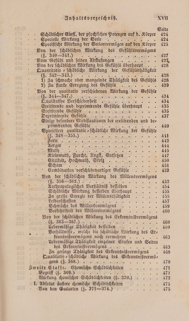 Seite Schädlicher Einfl, der pſychiſchen Potenzen auf d. Körper 424 Specielle Wirkung der Seele.. 42⁴ Specifiſche Wirkung der Seelenvermögen auf den Körper 425 Won der ſchädlichen Wirkung des gens 340341.) „ 427 Voͤm Gefühl und ſeinen Abſtufungen . 3 27. Von der ſchädlichen Wirkung des Gefühls überhaupt 8 Quantitativ = ſchädliche Wirkung der Gefühlsthätigkeit (§. 342—343.) ; 428 1) Zu ſchwache oder mangelnde Thätigkeit des Gefüge 428 2) Zu ſtarke Erregung des Gefühle . . 429 Von der qualitativ verſchiedenen Wirkung 90 Gef (J. 344347.) n 5 434 Qualitative Verſchiedenheit N „34 Excitirende und deprimirende Gefüge überhaupt 99 Excitirende Gefühle 2 2 „ Deprimirende Gefühle 437 Einige beſondere Modiftcationen der ereitivenden und de⸗ primirenden Gefühle 440 Speciellere qualitativ = ſchädliche Wirkung der Gefühle $. 348355.) 441 e DE 409 Nerger. 444 Muth „ Kleinmuth, Furcht, Angſt, Entſetzen . Eitelkeit, eee ee eh Scham 3 Combination verſchtedenartiger Gefühle a Von der ſchädlichen Wirkung des . d 356 36% ©. f 452 Anchropologiſches Verhältniß deſſelben . Schädliche Wirkung deſſelben überhaupt . . . 455 Zu große Energie der e V Leidenſchaften 5 T Schwäche des Willensvermögens FC Verkehrtheit des Willens vermögens. 460 Von der ſchädlichen Wirkung des Gutenntnifvermögens . 3367.) 5 460 Uebermäßige Thätigkeit EN =. 460 . Verhältniſſe, welche die ſchädliche Wirkung des Er⸗ $ kenntnißvermögens noch vermehren 463 Uebermäßige Thätigkeit einzelner Stufen und Seiten des Erkenntniß vermögens 3 Zu geringe Thaͤtigkeit des Erkenntnißvermögens 468 Qualitativ⸗ſchädliche Wirkung des a gens (d. 368.) 470 Zweite Claſſe. Chemifche Schädlichkeiten F Begriff (J. 369.) e Wirkung chemiſcher Schaͤdlichkeiten G. 370.) „ . Abſolut Außere chemiſche Schädlichkeiten . . 475 »Von den Gasarten (§. 371-374. 7 4575