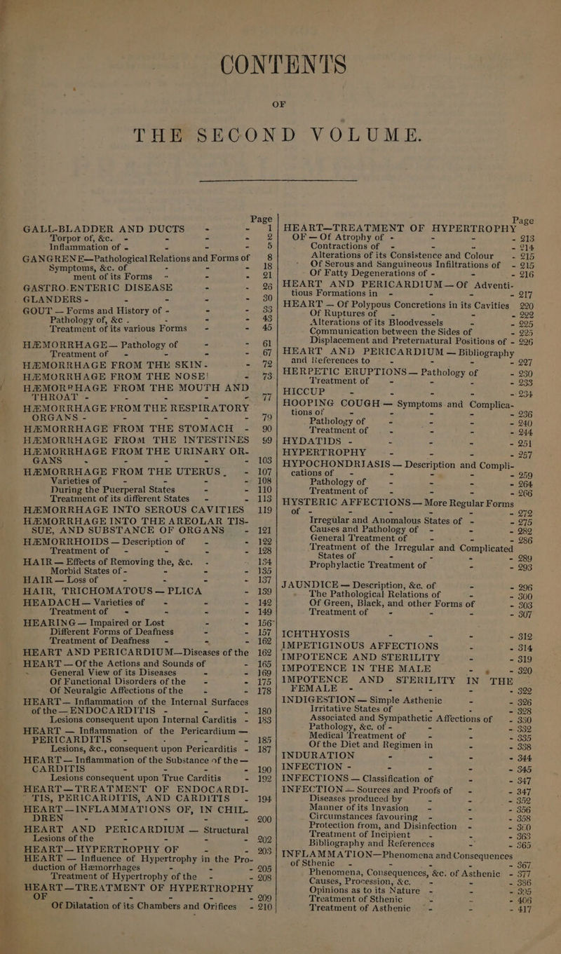 THE Page GALL-BLADDER AND th - - 1 Torpor of, &amp;c. = - - 2 Inflammation of « = - oy) GANGREN E—Pathological prone and For ms “s 8 Symptoms, &amp;c. of 18 meut of its Forms - - So GASTRO.ENTERIC DISEASE - at Ge . GLANDERS - é - = =n 80 GOUT — Forms and History of - - - 3 Pathology of, &amp;c . 2 - - 43 Treatment of its various Forms - - 45 HEMORRHAGE— Fariplony. of - Tue Treatment of = - - = 6/ HAZMORRHAGE FROM THE SKIN.- SLA? HEMORRHAGE FROM THE NOSE! = % HAMORRHAGE FROM THE sah tal AR THROAT - (| HEMORRHAGE FROM THE RESPIRATORY ORGANS - 79 HAEMORRHAGE FROM THE STOMACH - 90 HAEMORRHAGE FROM THE INTESTINES 99 HEMORRHAGE pti aus a ge OR- GANS = - 103 HEMORRHAGE FROM THE UTERUS , - 107 Varieties of - 108 During the Puerperal States - rath) Treatment of its different States - =a HAEMORRHAGE INTO SEROUS CAVITIES 119 + HEMORRHAGE INTO THE AREOLAR TIS- SUE, AND SUBSTANCE OF ORGANS mie 124 HAMORRHOIDS — cel ot of = - 122 Treatment of - = - 128 HAIR — Effects of Removing ms S&amp;C. =the Morbid States of - - - 135 HAIR — Loss of - - = 137 HAIR, TRICHOMATOUS — “PLICA - 139 HEADACH — Varieties of - - - 142 Treatmentof ~- - - 149 HEARING — Impaired or ee. - - 1567 Different Forms of Deafness - - 157 Treatment of Deafness - = 162 HEART AND PERICARDIU M—Diseases of tie 162 HEART — Of the Actions and Sounds of - 165 . General View of its Diseases - - 169 Of Functional Disorders of the - - 175 Of Neuralgic Affections of the = 178 HEART — Inflammation of the Internal ces ofthe—ENDOCARDITIS - - 180 Lesions consequent upon Internal Carditis - 183 HEART — Inflammation of oe Pericardium — PERICARDITIS - 185 Lesions, &amp;c., consequent upon Pericarditis - 187 HEART — Tadwaveatl ou of the Substance of the — CARDITIS = - 190 Lesions consequent upon True Carditis - 192 HEART—TREATMENT OF ENDOCARDI- * TIS, PERICARDITIS, AND CARDITIS ~- 194 ee POM MATIONS OF, i A DREN 200 HEART AND PERICARDIUM os Structural Lesions of the 202 HEART — HYPERTROPHY OF - 203 HEART — Influence of Pyne trophy in the Pro- duction of Hemorrhages = - 205 Treatment of Hypertrophy ‘of the - - 208 or tt — — TREATMENT OF HYPERTROPHY Cae 5 - - - 209 Of Dilatation of its Chambers and Orifices OF — Of Atrophy of - = Contractions of - Alterations of its Consistence and Colour Of Serous and Sanguineous Infiltrations of Of Fatty Degenerations of - - HEART AND ae ie Of Ped tn tious Formations in - HEART — Of Polypous Conerdeibitt 1 in its Cavities Of Rupturesof - - “ Alterations of its Bloodvessels - = Communication between the Sides of ) Displacement and Preternatural Positions of - HEART AND PERICARDIUM — Bibliography LOT Os TP | and lteferences to = = 227 HERPETIC ERUPTIONS — Pathology o of - 23 Treatment of &gt; - 233 HICCUP - - - ~ 234 HOOPING COUGH — - Symptoms and Coupe tions of - 236 Patholozy of - - - - 240 Treatment of - Aen - - 244 HYDATIDS - ~ - - - 251 HYPERTROPHY - - 257 EAS IS* — Deseription and Compli- cations of - - 259 Pathology of - - - - 264 Treatment of = - - 266 HYSTERIC AFFECTIONS — More Regular Forms | of - - ~ 272 Irregilar. and Anomalous Gentes of - =- 275 Causes and Pathology of - - - 289 General Treatment of - - 286 Treatment of the Hrree Mal and Complicated States of - - 289 Prophylactic Treatment of = - 203 JAUNDICE — Description, &amp;c. of - - 296 The Pathological Relations of - - 300 Of Green, Black, and other Forms of - 303 Treatment of - - - - 307 ICHTHYOSIS - - - 312 IMPETIGINOUS AFFECTIONS - - 314 IMPOTENCE AND STERILITY 6 - 319 IMPOTENCE IN THE MALE fa - 320 IMPOTENCE AND oats dacet 2 IN THE FEMALE - - - 322 INDIGESTION — Simple idettenic - - 326 Irritative States of = 328 Associated and Sympathetic Affections Ofea= 50, Pathology, &amp;c. of - - - 332 Medical Treatment of - - - 335 Of the Diet and Regimen in e - 338 INDURATION - - - - 344 INFECTION - - - - 345 INFECTIONS — Classification of = - 347 INFECTION — Sources and Proofs of - - 347 Diseases produced by e - - 352 Manner of its Invasion - - - 356 Circumstances favouring - - - 358 Protection from, and Disinfection - - 360 Treatment of Incipient = - - 363 Bibliography and References - - 565 INFLAMMATION—Phenomena and Consequences of Sthenic . - 367 Phenomena, Consequences, “Be. of Asthenic - 377 Causes, Procession, ELE - - 386 Opinions as to its Nature - - - 305 Treatment of Sthenic s = - 406 Treatment of Asthenic