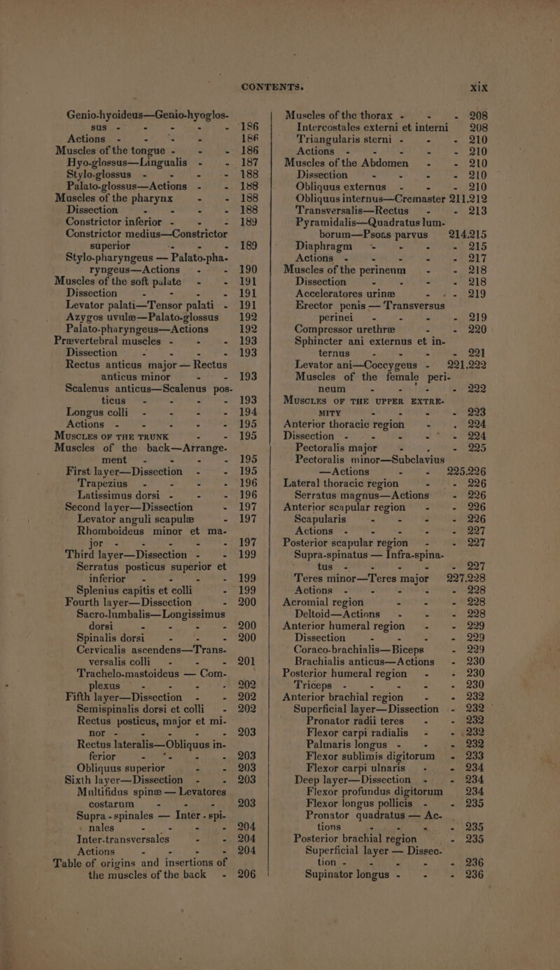 Genio-hyoideus—Genio-hyoglos- ens a = - Actions - Muscles of the tongue - . Hyo-glossus—Lingualis Stylo-glossus_ - . Palato-glossus—Actions Muscles of the pharynx - Dissection : - - Constrictor inferior - - - Constrictor smh paateaesiet arg superior Stylo-pharyngeus — ‘Palato.pha. ryngeus—Actions” - - Muscles of the soft pore - - Dissection - “ i Levator salafievT onset palati - Azygos uvule—Palato-glossus Palato-pharyngeus—Actions Prevertebral muscles - 2 » Dissection Fy 4 “4 4 Rectus anticus major — Rectus anticus minor - Scalenus anticus—Scalenus pos. ticus- - - a Longus colli - - : Actions - = ° e : MUuscLEs oF THE TRUNK : - Muscles of the back—Arrange- ment - - - : First layer—Dissection - - Trapezius” - - - - Latissimus dorsi - - - Second layer—Dissection Levator anguli scapule Rhomboideus minor et yeh gr teh hay wey Ree Third layer—Dissection - . Serratus posticus superior et inferior - - - Splenius capitis et ‘colli - Fourth layer—Dissection - Sacro-lumbalis—Longissimus dorsi - - : - Spinalis dorsi - : Cervicalis shondcnacea eta: versalis colli - “ Trachelo-mastoideus — Coin? plexus - . - Fifth layer—Dissection Semispinalis dorsi et colli - Rectus posticus, major et mi- nor - j Rectus lateralis—Obliquas i in- ferior - : 3 Obliquus superior . 4 Sixth layer—Dissection - ; Multifidas spinee — Ppseenes costarum - Supra -spinales — Inter - ie nales - - - - Inter-transversales - : Actions . F Table of origins and insertions of the muscles of the back - 1&amp;6 186 187 188 188 188 188 189 189 190 191 191 191 192 192 193 193 193 193 194 195 195 195 195 196 196 197 197 107 199 199 roo 200 200 201 202 202 202 203 203 203 203 203 204 204 204 206 Muscles of the thorax - é Intereostales externi et interni Triangularis sterni - . Actions - : Muscles of the yee a Dissection i . Fs Obliquus externus” - Xix 208 208 210 210 210 210 Transversalis—Rectus = - - 213 Pyramidalis—Quadratus lum- borum—Psozs parvus 214.215 Diaphragm - - : - 215 Actions - - - eared 7 Muscles of the perinenm 2 he 218 Dissection : - - - 218 Acceleratores urine - - 219 Erector penis — Transversus perinei, 7,9 = hve} nO Compressor urethree - - 220 Sphincter ani externus et in- ternus : - 22] Levator ani—Coccygeus - 291. 222 Muscles of the female aly neum - - 222 MuscLes OF THE UPPER EXTRE- MITY - - - - 223 Anterior thoracic region —- . 224 Dissection - - : a Pi aaa Pectoralis major —- - 225 Pectoralis minor—Subclavius —&lt;Actions - - 225.226 Lateral thoracic region - = 226 Serratus magnus—Actions - 226 Anterior scapular region — - - 226 Scapularis : - - - 226 Actions - - - - - 227 Posterior scapular region - - 227 Supra-spinatus — Aghia Seg tus - - 227 Teres minor—Teres 1 major 227.928 Actions - . - : - 228 Acromial region : - - 228 Deltoid—Actions . - - 228 Anterior humeral region - - 229 Dissection - : Paaeo Coraco. brachialis—Biceps - 229 Brachialis anticus—Actions - 230 Posterior humeral rere - - 230 Triceps - : - - 230 Anterior brachial region - - 232 Superficial layer—Dissection - 232 © Pronator radii teres - - 232 Flexor carpi radialis_ - - .232 Palmaris longus - : - 232 Flexor sublimis digitorum . 233 Flexor carpi ulnaris - 234 Deep layer—Dissection - - 234 Flexor profundus digitorum 234 Flexor longus pollicis - - 235 Pronator quadratus — Ac. . tions dpa : « 235 Posterior brachial region 1-235 Superficial layer — Dissec.- tion - 3 . - - 236 Supinator longus - : i 236