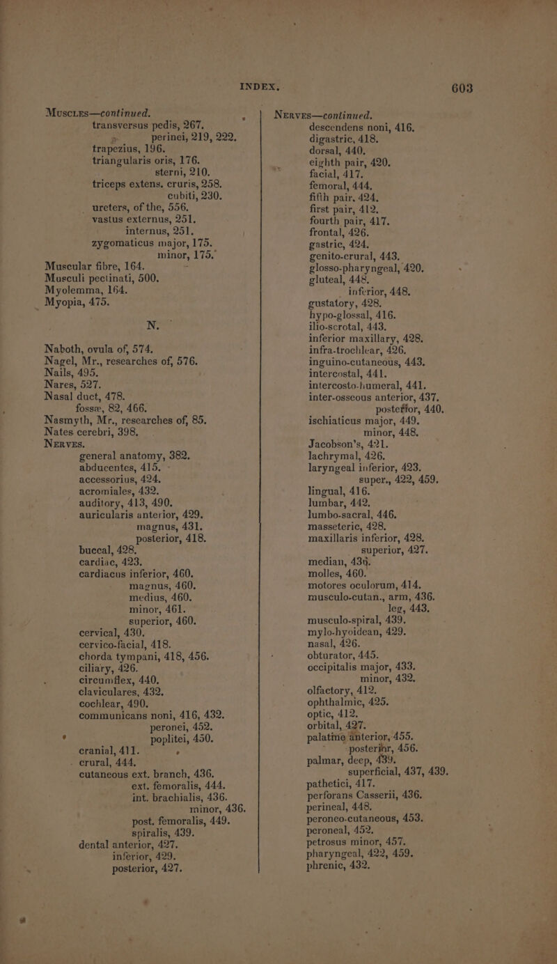 Muscies—continued. transversus pedis, 267. trapezius, 196. triangularis oris, 176. sterni, 210. ureters, of the, 556, vastus externus, 251. internus, 251. zygomaticus major, 175. . minor, 175, Muscular fibre, 164. - Musculi pectinati, 500. Myolemma, 164. Myopia, 475. N. Naboth, ovula of, 574. Nagel, Mr., researches of, 576. Nails, 495. Nares, 527. Nasal duct, 478. fossw, 82, 466. Nasmyth, Mr., researches of, 85, Nates cerebri, 398. NERVES, general anatomy, 382. abducentes, 415. accessorius, 424, acromiales, 432. auditory, 413, 490. auricularis anterior, 429, magnus, 431. posterior, 418. buccal, 428. cardiac, 423, cardiacus inferior, 460. magnus, 460. medius, 460. minor, 461. superior, 460. cervical, 430, cervico-facial, 418. chorda tympani, 418, 456. ciliary, 426. circumflex, 440. claviculares, 432. cochlear, 490. peronei, 452. y poplitei, 450. cranial, 411. ° . crural, 444, cutaneous ext. branch, 436. ext. femoralis, 444. int. brachialis, 436. post. femoralis, 449. spiralis, 439. dental anterior, 427. inferior, 429. posterior, 427, 603 descendens noni, 416. digastric, 418. dorsal, 440. eighth pair, 420. facial, 417. femoral, 444, fifth pair, 424, first pair, 412, fourth pair, 417. frontal, 426. gastric, 424, genito-crural, 443, glosso-pharyngeal, 420. gluteal, 448, _ inferior, 448, gustatory, 428. hypo-glossal, 416. ilio-scrotal, 443. inferior maxillary, 428. infra-trochlear, 426, inguino-cutaneous, 443, intercostal, 441. intercosto-humeral, 441. inter-osseous anterior, 437. postefior, 440, ischiaticus major, 449. minor, 448, Jacobson’s, 421. lachrymal, 426. laryngeal inferior, 423. super., 422, 459, lingual, 416. lumbar, 442, lumbo-sacral, 446, masseteric, 428, maxillaris inferior, 428, superior, 427. median, 430. molles, 460. motores oculorum, 414, musculo-cutan., arm, 436. leg, 443, musculo-spiral, 439. mylo-hyoidean, 429. nasal, 426. obturator, 445. occipitalis major, 433. minor, 432. olfactory, 412. ophthalmic, 425. optic, 412. orbital, 427. palatine anterior, 455. ~ «posterior, 456. palmar, deep, 439. superficial, 437, 439. pathetici, 417. perforans Casserii, 436. perineal, 448. peroneo.cutaneous, 453. peroneal, 452, petrosus minor, 457. pharyngeal, 422, 459.