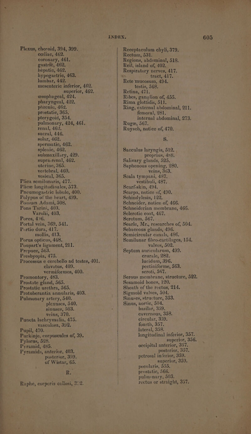 Plexus, choroid, 394, 399. coronary, 461. gastric, 462, hepatic, 462. hypogastric, 463. lumbar, 442. mesenteric inferior, 462. pharyngeal, 422, pterygoid, 354. ; pulmonary, 424, 461. solar, 462, spermatic, 462, splenic, 462. submaxillary, 429. supra-renal, 462. uterine, 365. vertebral, 460. vesical, 365. Plica semilnnaris, 477. Plice longitudinales, 573. Pomum Adami, 508, Pores, 4:)6. Portal vein, 369, 541. Portio dura, 417. mollis, 413. Porus opticus, 468.. Poupart’s ligament, 211. Prepuce, 563. Presbyopia, 475. Processus e cerebello ad testes, 401. clavatus, 409. vermiformes, 400. Promontory, 483. Prostate gland, 565. Prostatic urethra, 565. Protuberantia annularis, 403. Pulmonary artery, 540. plexuses, 540. sinuses, 503. veins, 370. Puncta lachrymalia, 475. vasculosa, 392, Pupil, 470. Purkinje, corpuscules of, 39. Pylorus, 528. Pyramid, 485. Pyramids, anterior, 403. posterior, 399. of Wistar, 65. Be Raphé, corporis callosi, 252. Receptaculum chyli, 379, Regions, abdominal, 518. Reil, island of, 402. Respiratory nerves, 417, tract, 417. Rete mucosum, 494. testis, 568. Rima glottidis, 511. internal abdominal, 273. Ruge, 567. a Sacculus laryngis, 512. , proprius, 488, Salivary glands, 525, Saphenous opening, 280, veins, 303. Scala tympani, 487. vestibuli, 487, Searf-skin, 494, Schneider, notice of, 466. Scrotum, 567. Searle, Mr., researches of, 504. Sebaceous glands, 496. Semicircular canals, 486, Semilunar fibro-cartilages, 154. valves, 502. Septum auricularum, 499. crurale, 282. lucidum, 396. pectiniforme, 563. ) scroti, 567. Serous membrane, structure, 522. Sesamoid bones, }20. Sheath of the rectus, 214, Sigmoid valves, 504, Sinuses, structure, 353. Sinus, aortic, 504, basilar, 359. cavernous, 358. circular, 359. fourth, 357. lateral, 358. longitudinal inferior, 357. superior, 396. occipital anterior, 357. posterior, 357. ! petrosal inferior, 359. | superior, 359. pocularis, 555. prostatic, 566. pulmonary, 503. rectus or straight, 357.