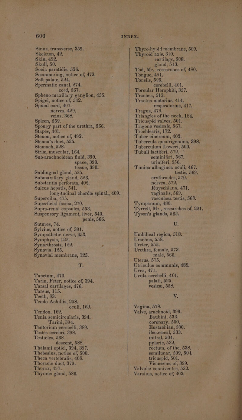 Sinus, transverse, 359. Skeleton, 42. Skin, 492, Skull, 50, Socia parotidis, 526. Soemmering, notice of, 472. Soft palate, 524. Spermatic canal, 274. cord, 567. Spheno-maxillary ganglion, 455. Spigel, notice of, 542. Spinal cord, 407. nerves, 429, veins, 368. Spleen, 552. Spongy part of the urethra, 566. — | Stapes, 481. Stenon, notice of, 492. Stenon’s duct, 525. Stomach, 528. Striz, muscular, 164. Sub-arachnoidean fluid, 390. space, 390. tissue, 390. Sublingual gland, 525. Submaxillary gland, 526. Substantia perforata, 402. Sulcus hepatis, 541. Supercilia, 475. Superficial fascia, 270. Supra-renal capsules, 553. Suspensory ligament, liver, 540. penis, 566. Sutures, 74. Sylvius, notice of, 391. Sympathetic nerve, 453. Symphysis, 122. Synarthrosis, 122. - Synovia, 125. Synovial membrane, 125. wy Tapetum, 470. Tarin, Peter, notice of, 394. Tarsal cartilages, 476. Tarsus, 115. Teeth, 83. Tendo Achillis, 258. oculi, 169. Tendon, 162. Tenia semicircularis, 394. Tarini, 394. Tentorium cerebelli, 389. Testes cerebri, 398, Testicles, 568. descent, 588. Thalami optici, 394, 397. Thebesius, notice of, 500. Theca vertebralis, 408. Thoracic duct, 379. Thorax, 497. Thymus gland, 586. Thyro-hyvid membrane, 509. Thyroid axis, 310. . . cartilage, 508, gland, 513. Tod, Mr., researches of, 480. Tongue, 491. Tonsils, 525. cerebelli, 401. Torcular Herophili, 357. Trachea, 513, Tractus motorius, 414, respiratorius, 417. Tragus, 479. Triangles of the neck, 184, Tricuspid valves, 501. Trigone vesicale, 567. Trochlearis, 172. Tuber cinereum, 402. Tubercula quadrigemina, 398, Tuberculum Loweri, 500. Tubuli lactiferi, 572. ~ seminiferi, 567. uriniferi, 506. Tunica albuginea oculi, 467. testis, 569. erythroides, 570. nervea, 572. Ruyschiana, 47]. vaginalis, 569. vasculosa testis, 568. Tympanum, 480. Tyrrell, Mr., researches of, 221. Tyson’s glands, 562. U. Umbilical region, 518. Urachus, 558. Ureter, 552. Urethra, female, 573, male, 566. Uterus, 575. Utriculus communis, 488. Uvea, 471. Uvula cerebelli, 401. palati, 525. vesice, 558. iW Vagina, 578. Valve, arachnoid, 399. Bauhbini, 533. coronary, 500. Eustachian, 500. ileo-cecal, 533. mitral, 504. pyloric, 532, rectum, of the, 538. semilunar, 502, 504. tricuspid, 501. Vieussens, of, 399, Valvule conniventes, 532. Varolius, notice of, 403.