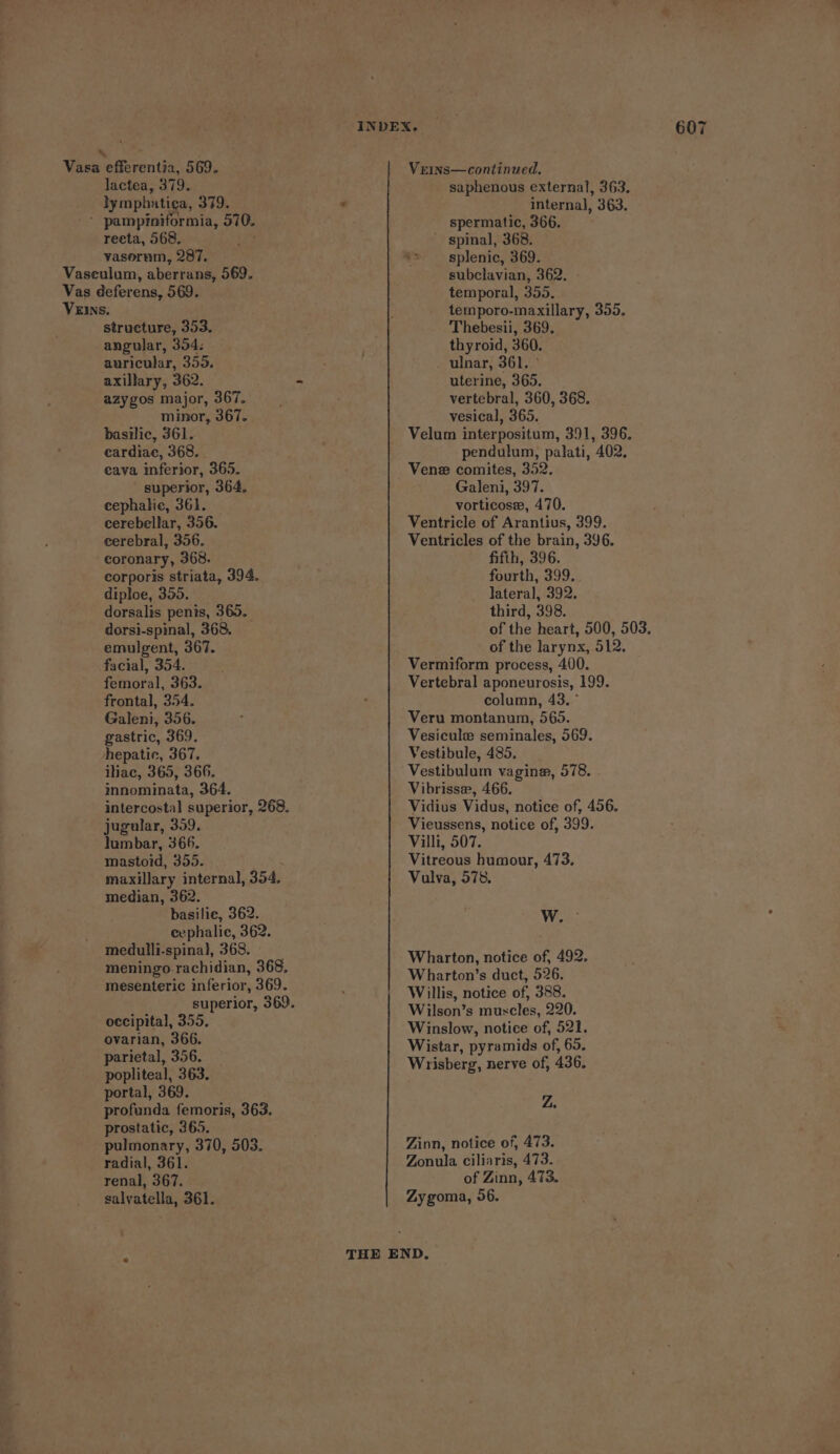 Bice . Vasa efferentia, 569. lactea, 379. lymphatiga, 379. * pampiniformia, 510. reeta, 568, vasorum, 287. Vaseulum, aberrans, 569. Vas deferens, 569. Veins. structure, 353. angular, 354: auricular, 355. axillary, 362. azygos major, 367. minor, 367. basilic, 361. cardiac, 368, . cava inferior, 365. superior, 364. cephalie, 361. cerebellar, 356. cerebral, 356. coronary, 368. corporis striata, 394. diploe, 350. dorsalis penis, 365. dorsi-spinal, 368. emulgent, 367. facial, 354. femoral, 363. frontal, 354. Galeni, 356. gastric, 369. hepatic, 367. itiac, 365, 366. Innominata, 364. intercostal superior, 268. jugular, 359. lumbar, 366. mastoid, 355. maxillary internal, 354, median, 362. basilie, 362. cephalic, 362. medulli-spinal, 368. meningo.rachidian, 368. mesenteric inferior, 369. occipital, 355. ovarian, 366. parietal, 356. popliteal, 363. portal, 369. profunda femoris, 363. prostatic, 365. pulmonary, 370, 503. radial, 361. renal, 367. salvatella, 361. ~! Veins—continued. saphenous external, 363. internal, 363. spermatic, 366. spinal, 368. subclavian, 362. temporal, 355. temporo-maxillary, 355. Thebesii, 369, thyroid, 360, ulnar, 361. ° uterine, 365. vertebral, 360, 368. vesical, 365. Velum interpositum, 391, 396. pendulum, palati, 402, Venez comites, 352, Galeni, 397. vorticosze, 470, Ventricle of Arantius, 399. Ventricles of the brain, 396. fifth, 396. fourth, 399, lateral, 392. third, 398. of the heart, 500, 503, of the larynx, 512. Vermiform process, 400. Vertebral aponeurosis, 199. column, 43. ° Veru montanum, 565. Vesicule seminales, 569. Vestibule, 485, Vestibulum vagine, 578. Vibrissee, 466. Vidius Vidus, notice of, 456. Vieussens, notice of, 399. Villi, 507. Vitreous humour, 473, Vulva, 578, WwW. Wharton, notice of, 492. Wharton’s duct, 526. Willis, notice of, 388. Wilson’s muscles, 220. Winslow, notice of, 521. Wistar, pyramids of, 65, Wrisberg, nerve of, 436, Z. Zinn, notice of, 473. Zonula ciliaris, 473. of Zinn, 473. Zygoma, 56.