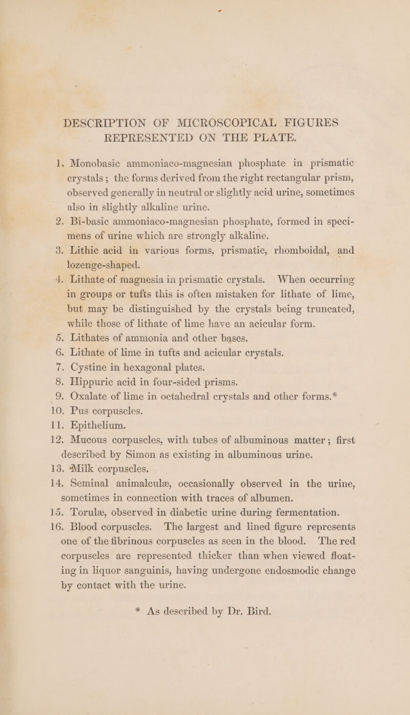 DESCRIPTION OF MICROSCOPICAL FIGURES REPRESENTED ON THE PLATE. 1. Monobasic ammoniaco-magnesian phosphate in prismatic crystals; the forms derived from the right rectangular prism, observed generally in neutral or slightly acid urine, sometimes also in slightly alkaline urine. 2. Bi-basic ammoniaco-magnesian phosphate, formed in speci- mens of urine which are strongly alkaline. 3. Lithic acid in various forms, prismatic, rhomboidal, and lozenge-shaped. 4, Lithate of magnesia in prismatic crystals. When occurring in groups or tufts this is often mistaken for lithate of lime, but may be distinguished by the crystals being truncated, while those of lithate of lime have an acicular form. 5. Lithates of ammonia and other bases. 6. Lithate of lime in tufts and acicular crystals. 7. Cystine in hexagonal plates. 8. Hippuric acid in four-sided prisms. 9. Oxalate of lime in octahedral crystals and other forms.* 10. Pus corpuscles. 11. Epithelium. 12. Mucous corpuscles, with tubes of albuminous matter ; first described by Simon as existing in albuminous urine. 13. Milk corpuscles, 14. Seminal animalcule, occasionally observed in the urine, sometimes in connection with traces of albumen. 15. Torulez, observed in diabetic urine during fermentation. 16. Blood corpuscles. The largest and lined figure represents one of the fibrinous corpuscles as seen in the blood. The red corpuscles are represented thicker than when viewed float- ing in liquor sanguinis, having undergone endosmodic change by contact with the urine. * As described by Dr. Bird.