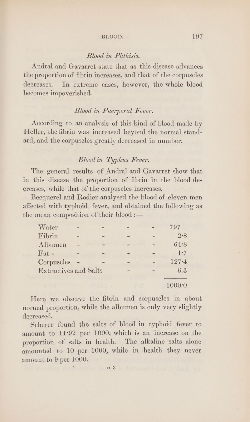Blood in PaAthists. Andral and Gavarret state that as this disease advances the proportion of fibrin increases, and that of the corpuscles decreases. In extreme cases, however, the whole blood becomes impoverished. Blood in Puerperal Fever. According to an analysis of this kind of blood made by Heller, the fibrin was increased beyond the normal stand- ard, and the corpuscles greatly decreased in number. Bloodin Typhus Fever. The general results of Andral and Gavarret show that in this disease the proportion of fibrin in the blood de- creases, while that of the corpuscles increases. Becquerel and Rodier analysed the blood of eleven men affected with typhoid fever, and obtained the following as the mean composition of their blood :— Water - - ~ - 797 Fibrin - ~ - - 2°8 Albumen - ~ ~ - 64°8 Fat - ~ - - - 1:7 Corpuscles - - ~ - 127°4 Extractives and Salts - - 6.3 1000:0 Here we observe the fibrin and corpuscles in about normal proportion, while the albumen 1s only very slightly decreased. Scherer found the salts of blood in typhoid fever to amount to 11:92 per 1000, which is an increase on the proportion of salts in health. The alkaline salts alone amounted to 10 per 1000, while in health they never amount to 9 per 1000. i 03