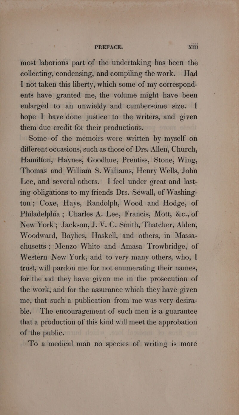 most laborious part of the undertaking has been the collecting, condensing, and compiling the work. Had I not taken this liberty, which some of my correspond- ents have granted me, the volume might have been enlarged to an unwieldy and cumbersome size. I hope I have done justice to the writers, and given them due credit for their productions. Some of the memoirs were written by myself on different occasions, such as those of Drs. Allen, Church, Hamilton, Haynes, Goodhue, Prentiss, Stone, Wing, Thomas and William S. Williams, Henry Wells, John Lee, and several others. 1 feel under great and last- ing obligations to my friends Drs. Sewall, of Washing- ton; Coxe, Hays, Randolph, Wood and Hodge, of _ Philadelphia; Charles A. Lee, Francis, Mott, &amp;c., of New York; Jackson, J. V. C. Smith, Thatcher, Alden, Woodward, Baylies, Haskell, and others, in Massa- chusetts ; Menzo White and Amasa ‘Trowbridge, of Western New York, and to very many others, who, I trust, will pardon me for not enumerating their names, for the aid they have given me in the prosecution of the work, and for the assurance which they have given me, that such a publication from me was very desira- ble. ‘The encouragement of such men is a guarantee that a production of this kind will meet the approbation of the public. | To a medical man no species of writing is more »