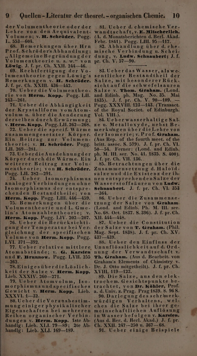 der Volumentheorieoderder Lehre von den Aequivalent- Volumen; v.H. Schröder. Pogg. L. 553—604. 68. Bemerkungen über Hrn Prof.SchrödersAbhandlung: „AllgemeineBegründungder Volumentheorie u. s. w.“ von Löwig. J. f. pr. Ch. XXI. 244—46. 69. Rechtfertigung der Vo- lumentheorie gegen Löwig'’s Bemerkungen v. H. Schröder. J. f. pr. Ch. XXI. 436—442. 70. Ueberdie Volumentheo- rie von Herm. Kopp. Pogg. LU. 243—261. 71. Ueber die Abhängigkeit der Krystallform vomAtonm- volum u. über dieAenderung derselbendurch Erwärmung; v.Herm. Kopp. Pogg. Lil. 262—268. 72. Ueberdie specif. Wärme zusammengesetzter Körper. Ein Beitrag zur Volumen- theorie; v. H. Schröder. Pogg. L1. 269—281. j | 73. UeberdieAusdehnungder Körperdurchdie Wärme. Ein weiterer Beitrag zur Volu- mentheorie; von H. Schröder. Pogg. LU. 282—291. ‚74. Ueber Isomorphismus analogerVerbindungen ohne Isomorphismus der entspre- chenden Bestandtheile; von Herm. Kopp. Pogg. Lil. 446—459. 75. Bemerkungen über die Volumentheorie und L. Gme- lin’s Atomzahlentheorie; v. Herm. Kopp. Pogg. LIV. 202—207. 76. Ueber die Berücksichti- gung derTemperaturbeiVer- gleichung der specifischen Volume von Herm. Kopp. Pogg. LVI. 371—392. Atomabstände; v. &amp;. Karsten und F. Brunnow. Pogg. LVII. 255 —262. 78.,EinigesüberdieLöslich- keit der Salze v. HMerm. Kopp. ‚. Lieb. XXXIV. 260—271. 79, Ueber Atomvolum, Iso- morphismusundspecifisches Gewicht v. Herm. Kopp. Lieb. XXXVI. 1—32. 80.UeberdieVoratusbestim.- mung einigerphysikalischer Eigenschaften bei mehreren Reihen organischer Verbin- ' dungen v. Herm. Kopp. Aste Ah- handlg: Lieb. XLI. 79—89; 2te Ab- handlg: Lieb. XLI. 169—189. 81. Ueber d. chemische Ver- wandtschaft,v.E. Mitscherlich. (A. d. Monatsberichten d. Berl. Akad. Febr. 1841). Pogg. LII. 95—117. 82. Abhandlung über d. che- mische Verbindung u. Schei- dung, v. Ludw. Schnaubert; J. f. pr. Ch. V. 7—%. sentlicher Bestandtheil der sichtauf dieschwefelsauren Salze v. Thom. Graham. (Lond. and Edinb. ph. Mag. No.35. Mai 41835). J. f. pr. Ch. V. 90—109. — Pogg. XXXVII. 123—143.-(Transact. of the Royal Societ. of Edinburgh. Vol. VIM.). 84. UeberwasserhaltigeSal- ze u. Metalloxyde, nebst Be- merkungenüberdieLehrevon derlsomerie;v.Prof. @raham. (Aus Rep. of the fourth meet. of the britt. assoc. S. 579). J. f. pr. Ch. VI. 50—54. Ferner: (Lond. and Edinb. ph. M. IIE ser. No. 41. 1835. S. 400). J. f. pr. Ch. VN. 136. 85. Betrachtungen über die Zusammensetzung d.Haloid- salzeund dieExistenz derih- nenentsprechendenSalzeder Schnaubert. J. f. pr. Ch. VI. 353 — 364. 86. Ueber die Zusammense- tzung der Salze von Graham. (Lond. and Edinb. Ph. M. IH. ser. N0.68. Oct. 1837. S.396). J. f. pr. Ch. XI. A44—A48, 87. Ueber die Constitution derSalzevonT. Graham. (Phil. Mag. Sept. 1838). J. f. pr. Ch. XV. 437 —43)9. e 88. Ueber den Einfluss der Unauflösslichkeitaufd. Ord- nung der Verwandtschaft v. Th. Graham. (Aus d. Bearbeit. von Graham’s Elements of Chimistry v. Dr. J. Otto mitgetheilt). J. f, pr. Ch. XVII, 119—122, 89. Die Salze, aus den elek- trochem. Gesichtspunkte be- trachtet, von Dr. Köhler, Prof. a. d. Univ, z, Prag. Prag 1839. 8. 968. 90. Darlegungdessehrimerk- würdigen Verhaltens, wel- ches die Salze bei ihrer ge- meinschaftlichen Auflösung in Wasserbefolgen v. Karsten. (Aus d. Ber, d. Berl. Akad.) J. f. pr. Ch. XXI. 247-—250 u. 367 — 68. 91. Ueber einige Beispiele ENe. - ..2 .70 PT Wi Ss u