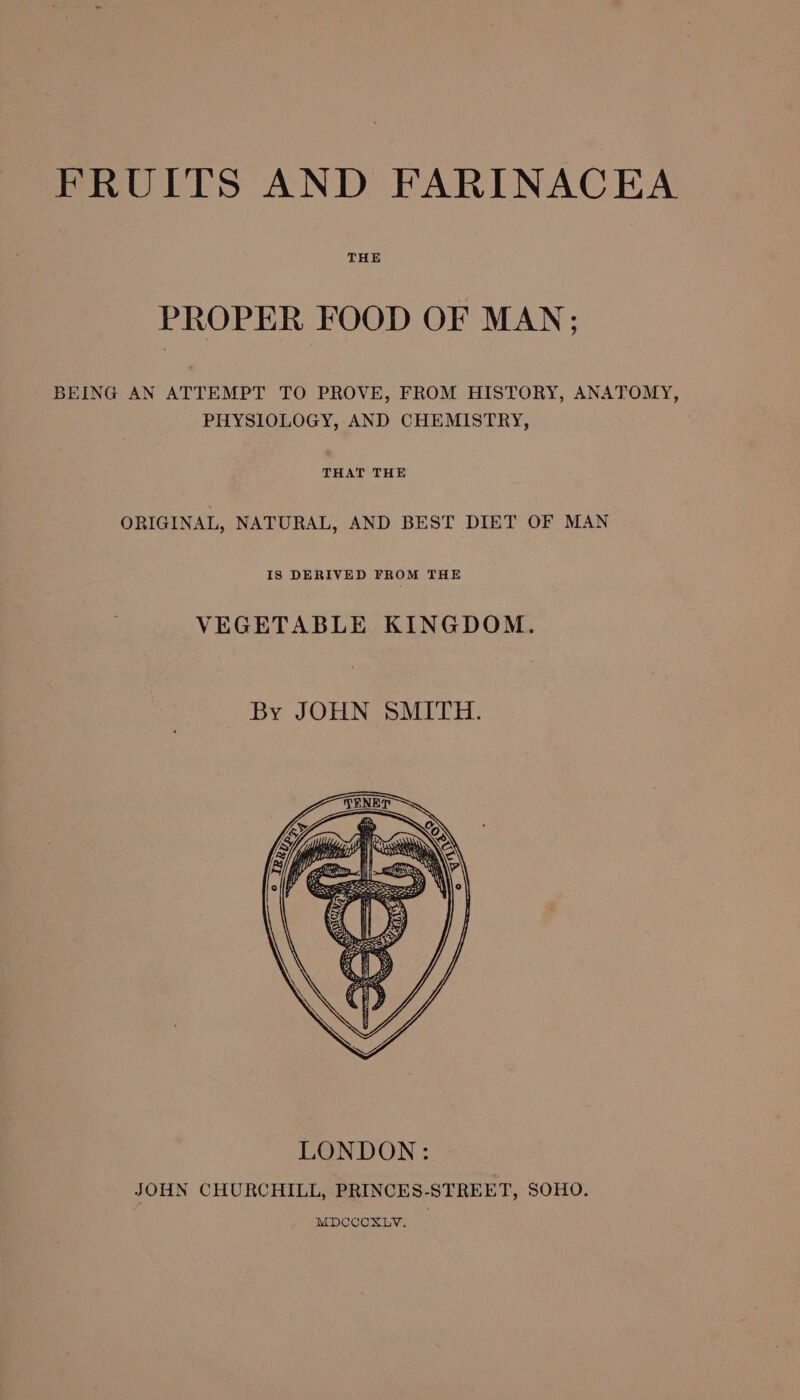 PROPER FOOD OF MAN; BEING AN ATTEMPT TO PROVE, FROM HISTORY, ANATOMY, PHYSIOLOGY, AND CHEMISTRY, THAT THE ORIGINAL, NATURAL, AND BEST DIET OF MAN IS DERIVED FROM THE VEGETABLE KINGDOM. By JOHN SMITH. JOHN CHURCHILL, PRINCES-STREET, SOHO. MDCCCXLY.