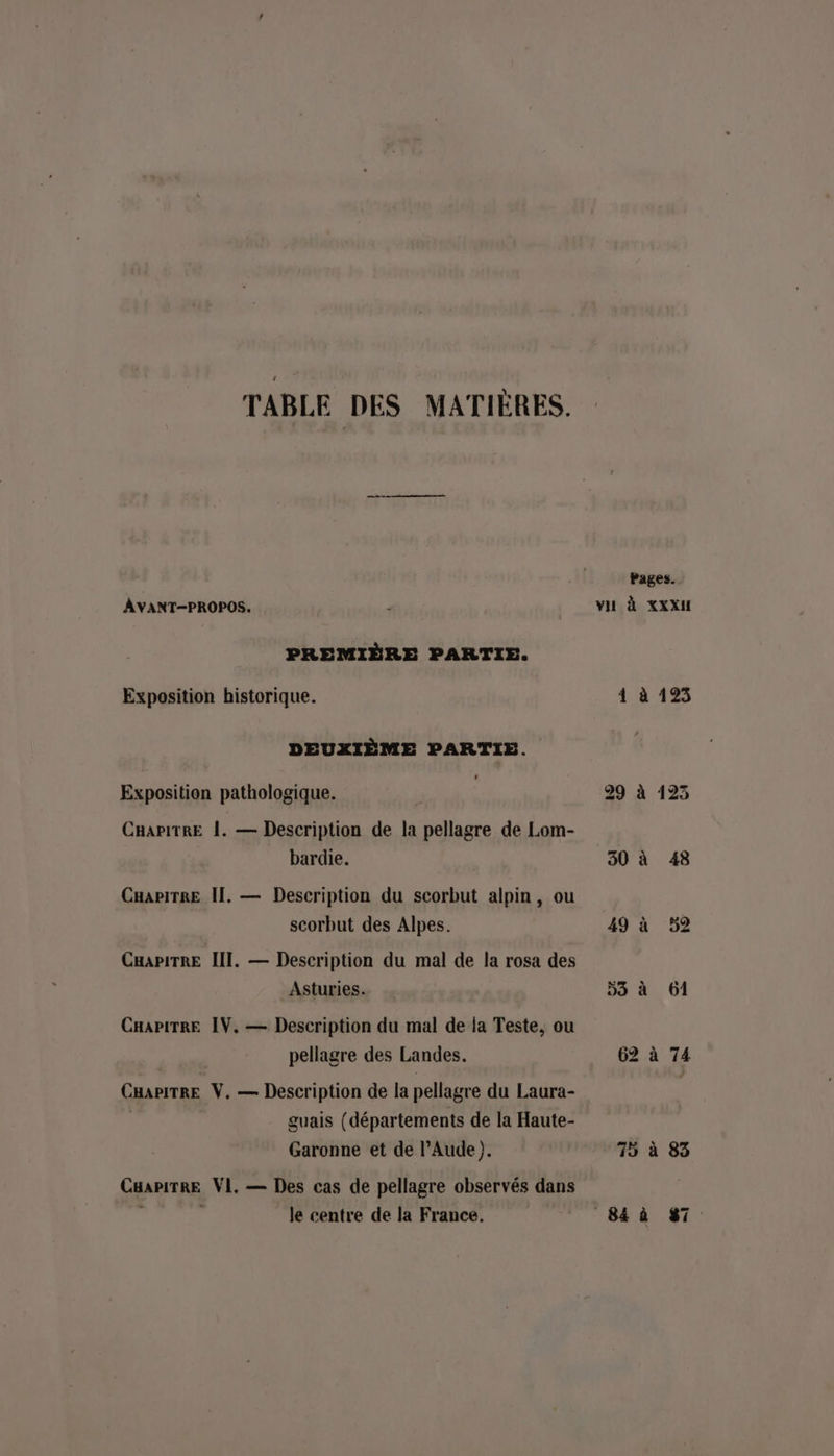 TABLE DES MATIÈRES. AVANT-PROPOS. PREMIÈRE PARTIE. Exposition historique. DEUXIÈME PARTIE. Exposition pathologique. CaapitTRE 1. — Description de la pellagre de Lom- bardie. CHaPiTRE II. — Description du scorbut alpin, ou scorbut des Alpes. CHAPITRE III. — Description du mal de la rosa des _Asturies. CHaPiTRE IV. — Description du mal de la Teste, ou pellagre des Landes. c HAPITRE V. — Description de la pellagre du Laura- guais (départements de la Haute- Garonne et de l’Aude). CHAPITRE V1. — Des cas de pellagre observés dans d le centre de la France. Pages. vu à XXXH 4 à 123 29 à 123 50 à 48 49 à 52 3 à 61 62 à 74 75 à 83