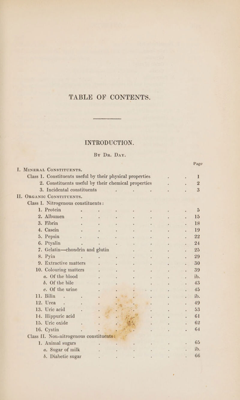 TABLE OF CONTENTS. INTRODUCTION. By Dr. Day. SONS TUT m DD &amp; ps &amp; a. Of the blood db. Of the bile c. Of the urine th Bin . : f A ! 12. . | 2 13. Uric acid . aS 15. Uric oxide Cystin : Animal sugars a. Sugar of milk b. Diabetic sugar Page