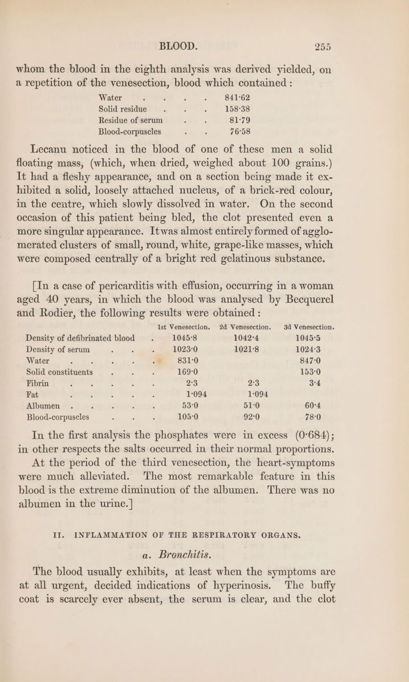 whom the blood in the eighth analysis was derived yielded, on a repetition of the venesection, blood which contained : Water : ; ; ‘ 841°62 Solid residue : F 2 15838 Residue of serum ; , 81:79 Blood-corpuscles ‘ : 76°58 Lecanu noticed in the blood of one of these men a solid floating mass, (which, when dried, weighed about 100 grains.) It had a fleshy appearance, and on a section being made it ex- hibited a solid, loosely attached nucleus, of a brick-red colour, in the centre, which slowly dissolved in water. On the second occasion of this patient being bled, the clot presented even a more singular appearance. Itwas almost entirely formed of agglo- merated clusters of small, round, white, grape-like masses, which were composed centrally of a bright red gelatinous substance. [In a case of pericarditis with effusion, occurring in a woman aged 40 years, in which the blood was analysed by Becquerel and Rodier, the following results were obtained : Ist Venesection. 2d Venesection. 3d Venesection. Density of defibrinated blood . 1045°8 1042°4 1045°5 Density of serum : ‘ ‘ 1023°0 1021°8 1024-3 Water F : s i * 831°0 847:0 Solid constituents ‘ P ; 169-0 153°0 Fibrin : h : : : 23 23 34 Fat : N ; : 2 1'094 1'094 Albumen. : : é , 53°0 51:0 60°4 Blood-corpuscles b ; : 105:0 92°0 78:0 In the first analysis the phosphates were in excess (0'684); in other respects the salts occurred in their normal proportions. At the period of the third venesection, the heart-symptoms were much alleviated. The most remarkable feature in this blood is the extreme diminution of the albumen. There was no albumen in the urine. | II. INFLAMMATION OF THE RESPIRATORY ORGANS. a. Bronchitis. The blood usually exhibits, at least when the symptoms are at all urgent, decided indications of hyperinosis. The buffy coat is scarcely ever absent, the serum is clear, and the clot
