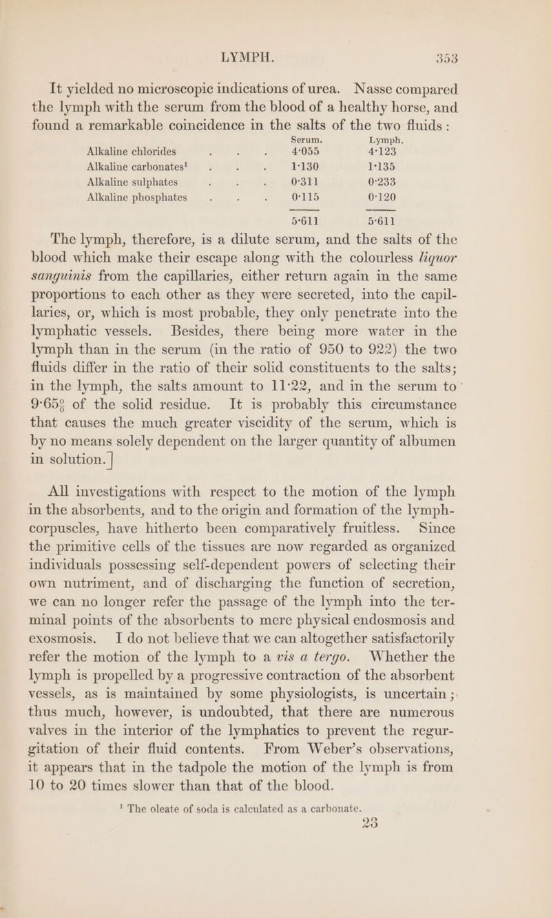 It yielded no microscopic indications of urea. Nasse compared the lymph with the serum from the blood of a healthy horse, and. found a remarkable coincidence in the salts of the two fluids : Serum. Lymph. Alkaline chlorides : > ; 4'055 4123 Alkaline carbonates! : : ; 1'130 2135 Alkaline sulphates : 3 : 0311 0'233 Alkaline phosphates d ; , 0-115 0-120 5°611 5611 The lymph, therefore, is a dilute serum, and the saits of the blood which make their escape along with the colourless liquor sanguinis from the capillaries, either return again in the same proportions to each other as they were secreted, into the capil- laries, or, which is most probable, they only penetrate into the lymphatic vessels. Besides, there being more water in the lymph than in the serum (in the ratio of 950 to 922) the two fluids differ in the ratio of their solid constituents to the salts; in the lymph, the salts amount to 11°22, and in the serum to 9:65% of the solid residue. It is probably this circumstance that causes the much greater viscidity of the serum, which is by no means solely dependent on the larger quantity of albumen in solution. | All investigations with respect to the motion of the lymph in the absorbents, and to the origin and formation of the lymph- corpuscles, have hitherto been comparatively fruitless. Since the primitive cells of the tissues are now regarded as organized individuals possessing self-dependent powers of selecting their own nutriment, and of discharging the function of secretion, we can no longer refer the passage of the lymph into the ter- minal points of the absorbents to mere physical endosmosis and exosmosis. I do not believe that we can altogether satisfactorily refer the motion of the lymph to a vis a tergo. Whether the lymph is propelled by a progressive contraction of the absorbent vessels, as is maintained by some physiologists, is uncertain ;: thus much, however, is undoubted, that there are numerous valves in the interior of the lymphatics to prevent the regur- gitation of their fluid contents. From Weber’s observations, it appears that in the tadpole the motion of the lymph is from 10 to 20 times slower than that of the blood. 1 The oleate of soda is calculated as a carbonate. 92 oO ~~