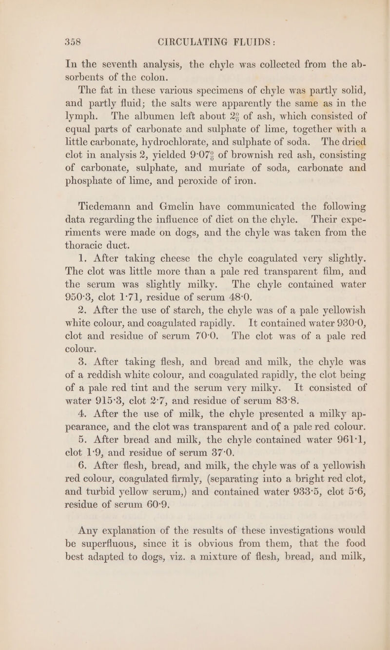 In the seventh analysis, the chyle was collected from the ab- sorbents of the colon. The fat in these various specimens of chyle was partly solid, and partly fluid; the salts were apparently the same as in the lymph. The albumen left about 22 of ash, which consisted of equal parts of carbonate and sulphate of lime, together with a little carbonate, hydrochlorate, and sulphate of soda. The dried clot in analysis 2, yielded 9-072 of brownish red ash, consisting of carbonate, sulphate, and muriate of soda, carbonate and phosphate of lime, and peroxide of iron. Tiedemann and Gmelin have communicated the following data regarding the influence of diet on the chyle. Their expe- riments were made on dogs, and the chyle was taken from the thoracic duct. 1. After taking cheese the chyle coagulated very slightly. The clot was little more than a pale red transparent film, and the serum was slightly milky. The chyle contained water 950°3, clot 1°71, residue of serum 48:0. 2. After the use of starch, the chyle was of a pale yellowish white colour, and coagulated rapidly. It contained water 930-0, clot and residue of serum 70°0. The clot was of a pale red colour. 3. After taking flesh, and bread and milk, the chyle was of a reddish white colour, and coagulated rapidly, the clot being of a pale red tint and the serum very milky. It consisted of water 915°3, clot 2°7, and residue of serum 83:8. 4, After the use of milk, the chyle presented a milky ap- pearance, and the clot was transparent and of a pale red colour. 5. After bread and milk, the chyle contained water 961:1, clot 1:9, and residue of serum 37:0. 6. After flesh, bread, and milk, the chyle was of a yellowish red colour, coagulated firmly, (separating into a bright red clot, and turbid yellow serum,) and contained water 933-5, clot 5-6, residue of serum 60:9. Any explanation of the results of these investigations would be superfluous, since it is obvious from them, that the food best adapted to dogs, viz. a mixture of flesh, bread, and milk,