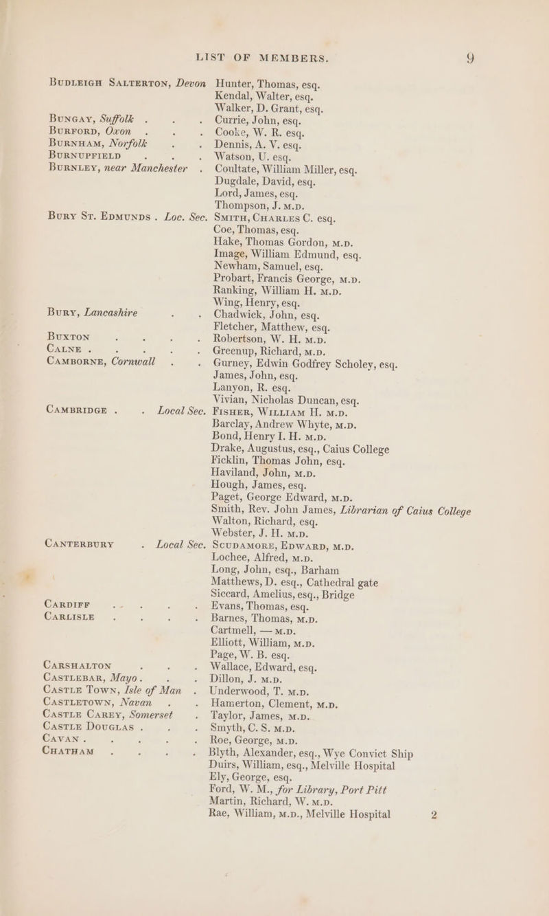 BUDLEIGH SALTERTON, Devon Hunter, Thomas, esq. Kendal, Walter, esq. Walker, D. Grant, esq. Buneay, Suffolk . ‘ . Currie, John, esq. BURFORD, Oxon . : . Cooke, W. R. esq. Burnuam, Norfolk , . Dennis, A. V. esq. BURNUPFIELD : . Watson, U. esq. BURNLEY, near Manchester . Coultate, William Miller, esq. Dugdale, David, esq. Lord, James, esq. Thompson, J. M.p. Bury Sr. Epmunps . Loc. Sec. SMITH, CHARLES C. esq. Coe, Thomas, esq. Hake, Thomas Gordon, m.n. Image, William Edmund, esq. Newham, Samuel, esq. Probart, Francis George, m.n. Ranking, William H. m.p. Wing, Henry, esq. Bury, Lancashire : - Chadwick, John, esq. Fletcher, Matthew, esq. Buxton : ; e . Robertson, W. H. m.p. CALNE . : : ; . Greenup, Richard, m.p. CAMBORNE, Cornwall. . Gurney, Edwin Godfrey Scholey, esq. James, John, esq. Lanyon, R. esq. Vivian, Nicholas Duncan, esq. CAMBRIDGE . . Local Sec. Fisuer, WıLLıam H. m.p. Barclay, Andrew Whyte, m.p. Bond, Henry I. H. m.p. Drake, Augustus, esq., Caius College Ficklin, Thomas John, esq. Haviland, John, m.p. Hough, James, esq. Paget, George Edward, m.p. Smith, Rev. John James, Librarian of Caius College Walton, Richard, esq. Webster, J. H. m.p. CANTERBURY . Local Sec. SCUDAMORE, EDWARD, M.D. Lochee, Alfred, m.p. Long, John, esq., Barham Matthews, D. esq., Cathedral gate Siccard, Amelius, esq., Bridge CARDIFF a : . Evans, Thomas, esq. CARLISLE. ? é . Barnes, Thomas, m.p. Cartmell, — m.p. Elliott, William, m.p. Page, W. B. esq. CARSHALTON : A . Wallace, Edward, esq. CASTLEBAR, Mayo. ‘ - Dillon, J. m.p. CastLE Town, Isle of Man . Underwood, T. m.p. CASTLETOWN, Navan . . Hamerton, Clement, m.p. CASTLE CAREY, Somerset . Taylor, James, m.p. CASTLE DouGLas . ; . Smyth, C.S8. m.p. CavAN . : 4 P . Roe, George, m.D. CHATHAM. R : . Blyth, Alexander, esq., Wye Convict Ship Duirs, William, esq., Melville Hospital Ely, George, esq. Ford, W. M., for Library, Port Pitt Martin, Richard, W. m.p. Rae, William, m.p., Melville Hospital 3