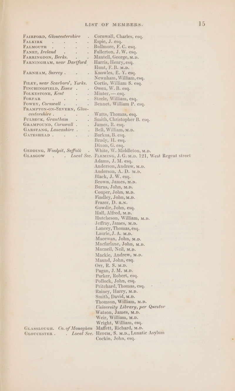 FULBECK, Grantham GEDDING, Woolpit, Suffolk GLASGOW GLOUCESTER . Smith, Christopher B. esq. White, W. Middleton, m.p. FLEMING, J.G.M.p. 121, West Regent street Adams, J. M. esq. Anderson, Andrew, M.D. Burns, John, M.p. Couper, John, M.p. Findley, John, m.p. Frazer, D. R.n. Hutcheson, William, m.p. Lancey, Thomas, esq. Laurie, J. A. m.D. Macewan, John, m.p. Macfarlane, John, m.p. Macneil, Neil, m.p. Mackie, Andrew, M.D. Orr, R. S. M.D. Pritchard, Thomas, esq. Rainey, Harry, M.D. Smith, David, m.D. Thomson, William, m.p. University Library, per Questor Watson, James, M.D. Weir, William, m.x. Maffett, Richard, M.D. Hiren, S. m.p., Lunatic Asylum Cockin, John, esq.