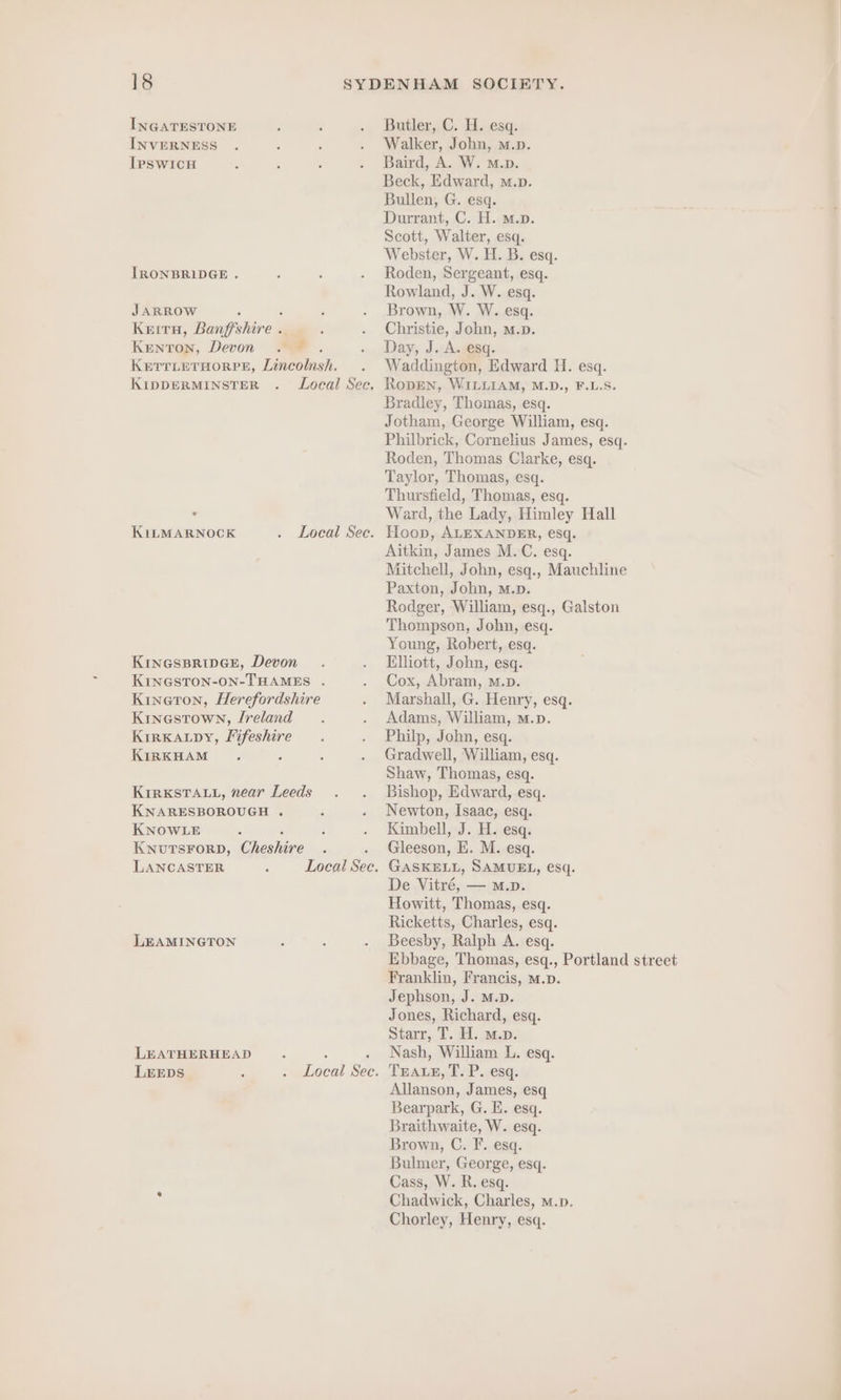 INGATESTONE INVERNESS lpswicH IRONBRIDGE . J ARROW ‘ ; Kerru, Banffshire . KIDDERMINSTER KILMARNOCK KInGSBRIDGE, Devon Kineton, Herefordshire Kinestown, /reland KIRKALDY, Fifeshire KIRKHAM KIRKSTALL, near Leeds KNARESBOROUGH . KNOWLE 3 KNUTSFORD, Cheshire LANCASTER LEAMINGTON LEATHERHEAD Butler, C. H. esq. Walker, John, m.». Baird, A. W. M.p. Beck, Edward, m.p. Bullen, G. esq. Durrant, C. H. m.». Scott, Walter, esq. Webster, W. H. B. esq. Roden, Sergeant, esq. Rowland, J. W. esq. Brown, W. W. esq. Christie, John, M.p. Day, J. A. esq. Waddington, Edward H. esq. RoDEN, WILLIAM, M.D., F.L.S. Bradley, Thomas, esq. Jotham, George William, esq. Philbrick, Cornelius James, esq. Roden, Thomas Clarke, esq. Taylor, Thomas, esq. Thursfield, Thomas, esq. Ward, the Lady, Himley Hall Hoop, ALEXANDER, esq. Aitkin, James M. C. esq. Mitchell, John, esq., Mauchline Paxton, John, M.p. Rodger, William, esq., Galston Thompson, John, esq. Young, Robert, esq. Elliott, John, esq. Cox, Abram, m.D. Marshall, G. Henry, esq. Adams, William, m.p. Philp, John, esq. Gradwell, William, esq. Shaw, Thomas, esq. Bishop, Edward, esq. Newton, Isaac, esq. Kimbell, J. H. esq. Gleeson, E. M. esq. GASKELL, SAMUEL, esq. De Vitré, — M.p. Howitt, Thomas, esq. Ricketts, Charles, esq. Beesby, Ralph A. esq. Ebbage, Thomas, esq., Portland street Franklin, Francis, M.p. Jephson, J. M.p. Jones, Richard, esq. Starr, T. H. m.p. Nash, William L. esq. TEALE, T. P. esq. Allanson, James, esq Bearpark, G. E. esq. Braithwaite, W. esq. Brown, C. F. esq. Bulmer, George, esq. Cass, W. R. esq. Chadwick, Charles, m.p. Chorley, Henry, esq.