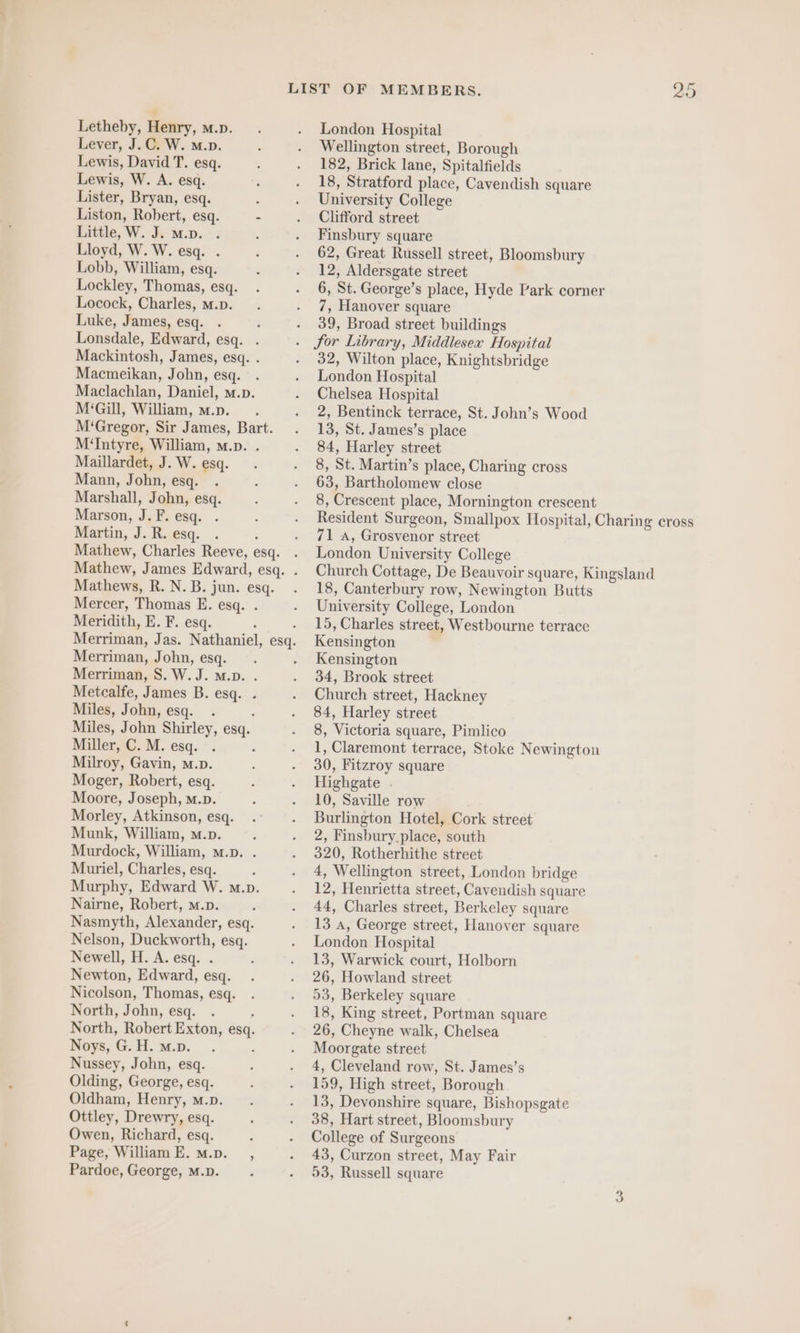 Letheby, Henry, m.n. Lever, J.C. W. m.p. Lewis, David T. esq. Lewis, W. A. esq. Lister, Bryan, esq. : Liston, Robert, esq. - Little, W. J. m.p. : Lloyd, W. W. esq. . Lobb, William, esq. Lockley, Thomas, esq. Locock, Charles, m.p. Luke, James, esq. F Lonsdale, Edward, esq. . Mackintosh, James, esq. . Macmeikan, John, esq. Maclachlan, Daniel, m.p. M‘Gill, William, m.p. M‘Gregor, Sir James, Bart. M‘Intyre, William, m.p. . Maillardet, J. W. esq. Mann, John, esq. . Marshall, John, esq. Marson, J.F. esq. . Martin, J. R. esq. . ; Mathew, Charles Reeve, esq. Mathews, R. N. B. jun. esq. Mercer, Thomas E. esq. . Meridith, E. F. esq. Merriman, John, esq. Merriman, S. W. J. m.p. . Metcalfe, James B. esq. . Miles, John, esq. . : Miles, John Shirley, esq. Miller, C. M. esq. 2 Milroy, Gavin, m.p. Moger, Robert, esq. Moore, Joseph, M.D. Morley, Atkinson, esq. Munk, William, m.p. : Murdock, William, m.p. . Muriel, Charles, esq. Murphy, Edward W. m.p. Nairne, Robert, m.p. Nasmyth, Alexander, esq. Nelson, Duckworth, esq. Newell, H. A. esq. . : Newton, Edward, esq. Nicolson, Thomas, esq. North, John, esq. ; North, Robert Exton, esq. Noys, G. H. m.p. : Nussey, John, esq. Olding, George, esq. Oldham, Henry, m.p. Ottley, Drewry, esq. Owen, Richard, esq. Page, WilliamE.m.n. , Pardoe, George, M.p. London Hospital Wellington street, Borough 182, Brick lane, Spitalfields 18, Stratford place, Cavendish square University College Clifford street Finsbury square 62, Great Russell street, Bloomsbury 12, Aldersgate street 6, St. George’s place, Hyde Park corner 7, Hanover square 39, Broad street buildings 32, Wilton place, Knightsbridge London Hospital Chelsea Hospital 2, Bentinck terrace, St. John’s Wood 13, St. James’s place 84, Harley street 8, St. Martin’s place, Charing cross 63, Bartholomew close 8, Crescent place, Mornington crescent Resident Surgeon, Smallpox Hospital, Charing cross 71 A, Grosvenor street London University College Church Cottage, De Beauvoir square, Kingsland 18, Canterbury row, Newington Butts University College, London 15, Charles street, Westbourne terrace Kensington Kensington 34, Brook street Church street, Hackney 84, Harley street 8, Victoria square, Pimlico 1, Claremont terrace, Stoke Newington 30, Fitzroy square Highgate . 10, Saville row Burlington Hotel, Cork street 2, Finsbury.place, south 320, Rotherhithe street 4, Wellington street, London bridge 12, Henrietta street, Cavendish square 44, Charles street, Berkeley square 13 a, George street, Hanover square London Hospital 13, Warwick court, Holborn 26, Howland street 53, Berkeley square 18, King street, Portman square 26, Cheyne walk, Chelsea Moorgate street 4, Cleveland row, St. James’s 159, High street, Borough 13, Devonshire square, Bishopsgate 38, Hart street, Bloomsbury College of Surgeons 43, Curzon street, May Fair 53, Russell square