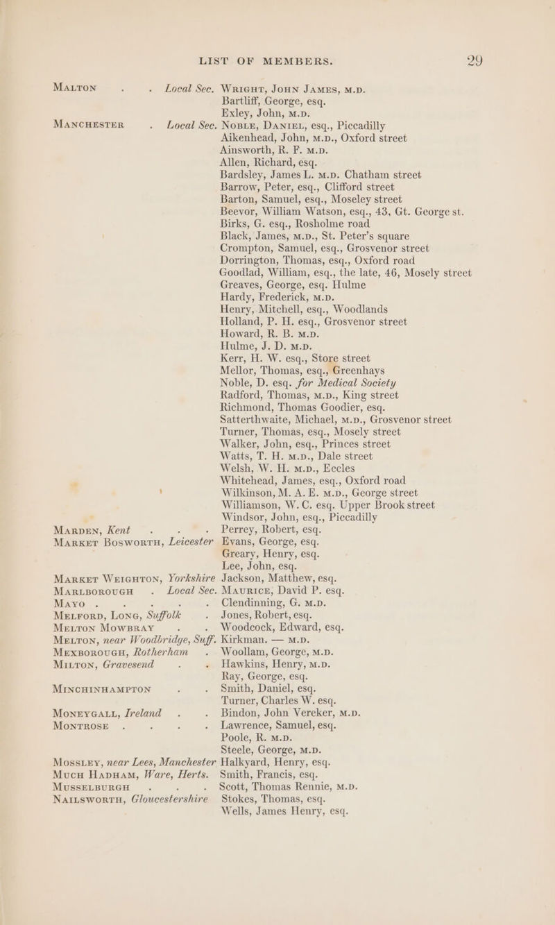 MALTON : - Local Sec. WRIGHT, JOHN JAMES, M.D. Bartliff, George, esq. Exley, John, m.p. MANCHESTER . Local Sec. NoBLE, DANIEL, esq., Piccadilly Aikenhead, John, m.p., Oxford street Ainsworth, R. F. M.p. Allen, Richard, esq. Bardsley, James L. m.p. Chatham street Barrow, Peter, esq., Clifford street Barton, Samuel, esq., Moseley street Beevor, William Watson, esq., 43, Gt. George st. Birks, G. esq., Rosholme road Black, James, m.»., St. Peter’s square Crompton, Samuel, esq., Grosvenor street Dorrington, Thomas, esq., Oxford road Goodlad, William, esq., the late, 46, Mosely street Greaves, George, esq. Hulme Hardy, Frederick, m.D. Henry, Mitchell, esq., Woodlands Holland, P. H. esq., Grosvenor street Howard, R. B. m.». Hulme, J. D. M.p. Kerr, H. W. esq., Store street Mellor, Thomas, esq., Greenhays Noble, D. esq. for Medical Society Radford, Thomas, m.n., King street Richmond, Thomas Goodier, esq. Satterthwaite, Michael, m.p., Grosvenor street Turner, Thomas, esq., Mosely street Walker, John, esq., Princes street Watts, T. H. m.p., Dale street Welsh, W. H. m.p., Eccles Whitehead, James, esq., Oxford road ' Wilkinson, M. A. E. m.p., George street Williamson, W.C. esq. Upper Brook street ; Windsor, John, esq., Piccadilly MARDEN, Kent : > Perrey, Robert, esq. MARKET Bosworth, Leicester Evans, George, esq. Greary, Henry, esq. Lee, John, esq. MARKET WEIGHTON, Yorkshire Jackson, Matthew, esq. MARLBOROUGH . Local Sec. MAURICE, David P. esq. Mayo . . Clendinning, G. m.p. MELFORD, Lone, Suffolk . Jones, Robert, esq. MELTon MowBRAY 3 Woodeock, Edward, esq. MELTON, near Woodbridge, Sup Kirkman. — M.D. MEXBOROUGH, Rotherham . Woollam, George, M.D. Mitton, Gravesend , . Hawkins, Henry, m.p. Ray, George, esq. MINCHINHAMPTON . . Smith, Daniel, esq. Turner, Charles W. esq. MonEYGALL, Jreland . . Bindon, John Vereker, M.p. MONTROSE . F } . Lawrence, Samuel, esq. Poole, R. m.D. Steele, George, M.D. Moss ey, near Lees, Manchester Halkyard, Henry, esq. Mucu HADHAM, Ware, Herts. Smith, Francis, esq. MUSSELBURGH. : . Scott, Thomas Rennie, m.D. NAILSWOoRTH, Gloucestershire Stokes, Thomas, esq. Wells, James Henry, esq.