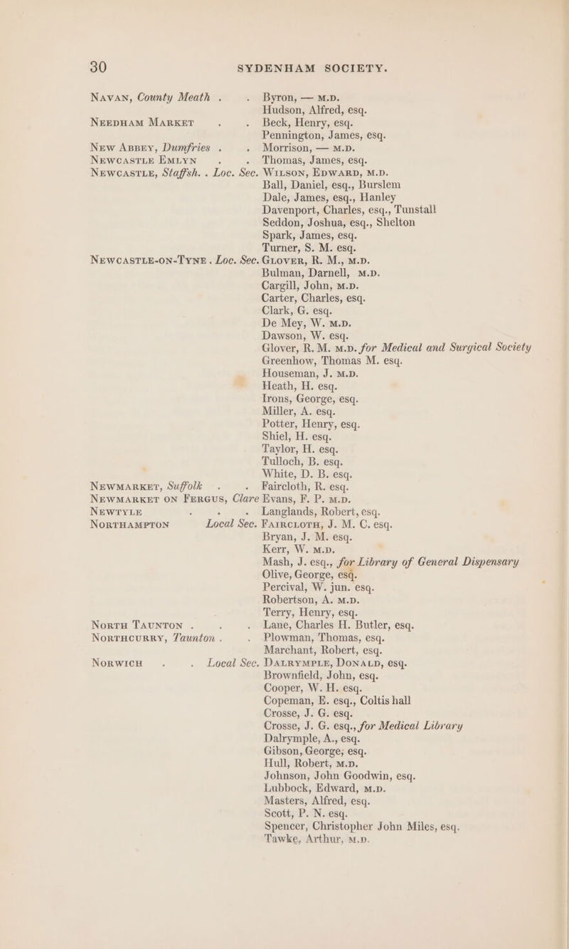 Navan, County Meath . . Byron, — m.D. Hudson, Alfred, esq. NEEDHAM MARKET : . Beck, Henry, esq. Pennington, James, esq. New ABBEY, Dumfries . - Morrison, — M.D. NEWCASTLE EMLYN Thomas, James, esq. NEWCASTLE, Staffsh. . Loc. See. Wırson, EDWARD, M.D. Ball, Daniel, esq., Burslem Dale, James, esq., Hanley Davenport, Charles, esq., Tunstall Seddon, Joshua, esq., Shelton Spark, James, esq. Turner, S. M. esq. NEWCASTLE-ON-TYNE . Loc. Sec. GLover, R. M., M.D. Bulman, Darnell, m.D. Cargill, John, m.D. Carter, Charles, esq. Clark, G. esq. De Mey, W. M.D. Dawson, W. esq. Glover, R. M. m.v. for Medical and Surgical Society Greenhow, Thomas M. esq. Houseman, J. M.D. Heath, H. esq. trons, George, esq. Miller, A. esq. Potter, Henry, esq. Shiel, H. esq. Taylor, H. esq. Tulloch, B. esq. White, D. B. esq. NEWMARKET, Suffolk . . Faircloth, R. esq. NEWMARKET ON FERGUS, Clare Evans, F. P. u.p. NEWTYLE - Langlands, Robert, esq. NORTHAMPTON Local Sec. FAIRCLOTH, J. M. C. esq. Bryan, J. M. esq. Kerr, W. m.». Mash, J. esq., For Library of General Dispensary Olive, George, esq. Percival, W. jun. esq. Robextson; A. M.D. Terry, Henry, esq. Nortu TAUNTON . : . Lane, Charles H. Butler, esq. NORTHCURRY, Taunton . . Plowman, Thomas, esq. Marchant, Robert, esq. NoRWICH . . Local Sec. DALRYMPLE, DONALD, esq. Brownfield, John, esq. Cooper, W. H. esq. Copeman, E. esq., Coltis hall Crosse, J. G. esq. Crosse, J. G. esq., for Medical Library Dalrymple, A., esq. Gibson, George, esq. Hull, Robert, m.p. Johnson, John Goodwin, esq. Lubbock, Edward, m.p. Masters, Alfred, esq. Scott, P. N. esq. Spencer, Christopher John Miles, esq. Tawke, Arthur, M.D.