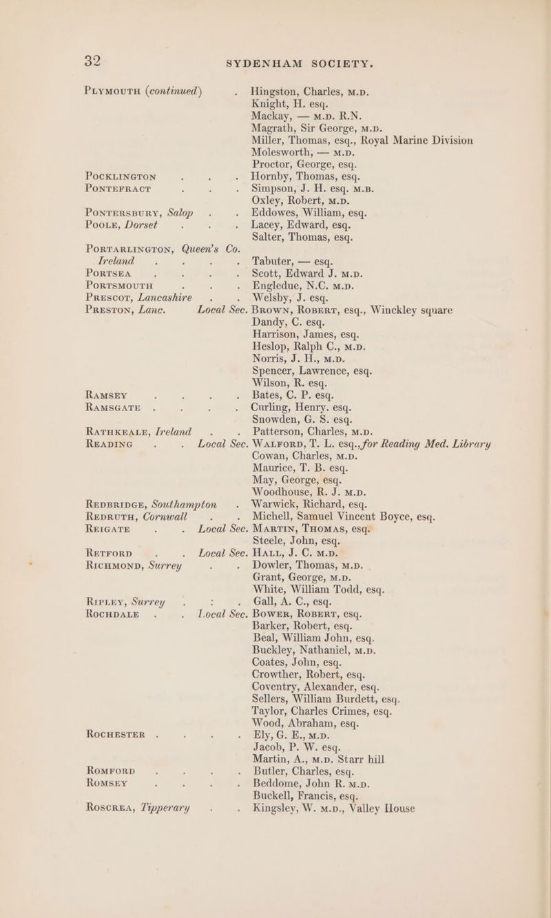 PLYMmouTH (continued) POCKLINGTON PONTEFRACT PONTERSBURY, Salop PooLE, Dorset PORTARLINGTON, Queen’s Co. Ireland PoRTSEA PORTSMOUTH Prescot, Lancashire Ä Preston, Lane. Local Sec. RAMSEY RAMSGATE RATHKEALE, Ireland 5 READING ; . Local See. REDBRIDGE, Southampton REDRUTH, Cornwall : REIGATE 3 . Local Sec. RETFORD ; . Local See. Ricumonp, Surrey ‘ Rıpıey, Surrey : . RoCHDALE . . Local Sec. RocHESTER RomM¥FORD ROMSEY Roscrea, Tipperarı » Lipp Y Hingston, Charles, M.p. Knight, H. esq. Mackay, — m.p. R.N. Magrath, Sir George, m.D. Molesworth, — m.p. Proctor, George, esq. Hornby, Thomas, esq. Simpson, J. H. esq. m.B. Oxley, Robert, m.p. Eddowes, William, esq. Lacey, Edward, esq. Salter, Thomas, esq. Tabuter, — esq. Scott, Edward J. M.p. Engledue, N.C. m.». Welsby, J. esq. Brown, Rosert, esq., Winckley square Dandy, C. esq. Harrison, James, esq. Heslop, Ralph C., m.p. Norris, J. H., m.D: Spencer, Lawrence, esq. Wilson, R. esq. Bates, C. P. esq. Curling, Henry. esq. Snowden, G. 8. esq. Patterson, Charles, M.p. Cowan, Charles, mM.p. Maurice, T. B. esq. May, George, esq. Woodhouse, R. J. M.p. Warwick, Richard, esq. Michell, Samuel Vincent Boyce, esq. MARTIN, THOMAS, esq. Steele, John, esq. Hau, J.C. 2.08 Dowler, Thomas, m.p. Grant, George, M.D. White, William Todd, esq. Gall, A. C., esq. Bower, ROBERT, esq. Barker, Robert, esq. Beal, William John, esq. Buckley, Nathaniel, m.p. Coates, John, esq. Crowther, Robert, esq. Coventry, Alexander, esq. Sellers, William Burdett, esq. Taylor, Charles Crimes, esq. Wood, Abraham, esq. Ely, G. E., m.p. Jacob, P. W. esq. Martin, A., M.p. Starr hill Butler, Charles, esq. Beddome, John R. m.p. Buckell, Francis, esq. Kingsley, W. m.p., Valley House