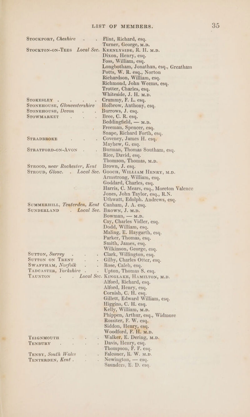 STOCKPORT, Cheshire STOCKTON-ON-TEES STOKESLEY Local Sec. STONEHOUSE, Devon STOWMARKET STRADBROKE Stroup, Glouc. Local Sec. SUNDERLAND Sutton, Surrey SuTTON ON TRENT SWAFFHAM, Norfolk Local Sec. TAUNTON TEIGNMOUTH TENBURY Tengy, South Wales TENTERDEN, Kent . Local See. Flint, Richard, esq. Turner, George, M.D. KEENLYSIDE, R. H. M.p. Dixon, Henry, esq. Foss, William, esq. Longbotham, Jonathan, esq., Greatham Potts, W. R. esq., Norton Richardson, William, esq. Richmond, John Weems, esq. Trotter, Charles, esq. Whiteside, J. H. m.p. Crummy, F. L. esq. Holbrow, Anthony, esq. Burrows, J. esq. Bree, C. R. esq. Beddingfield, — m.p. Freeman, Spencer, esq. Snape, Richard Forth, esq. Coveney, James H. esq. Mayhew, G. esq. Burman, Thomas Southam, esq. Rice, David, esq. Thomson, Thomas, m.p. Brown, J. esq. GoocH, WILLIAM Henry, M.D. Armstrong, William, esq. Goddard, Charles, esq. Harris, C. Mears, esq., Moreton Valence Jones, John Taylor, esq., R.N. Uthwatt, Edolph. Andrews, esq. Canham, J. A. esq. Brown, J. M.D. Bowman, — M.D. Cay, Charles Vidler, esq. Dodd, William, esq. Maling, E. Haygarth, esq. Parker, Thomas, esq. Smith, James, esq. Wilkinson, George, esq. Clark, Willington, esq. Gilby, Charles Otter, esq. Rose, Caleb, esq. Upton, Thomas S. esq. KINGLAKE, HAMILTON, M.D. Alford, Richard, esq. Alford, Henry, esq. Cornish, C. H. esq. Gillett, Edward William, esq. Higgins, C. H. esq. Kelly, William, m.p. Phippen, Arthur, esq., Widmore Rossiter, F. W. esq. Siddon, Henry, esq. Woodford, F. H. m.p. Walker, E. Dering, m.p. Davis, Henry, esq. Thompson, F. F. esq. Falconer, R. W. M.D. Newington, — esq. Saunders, E. D. esq.