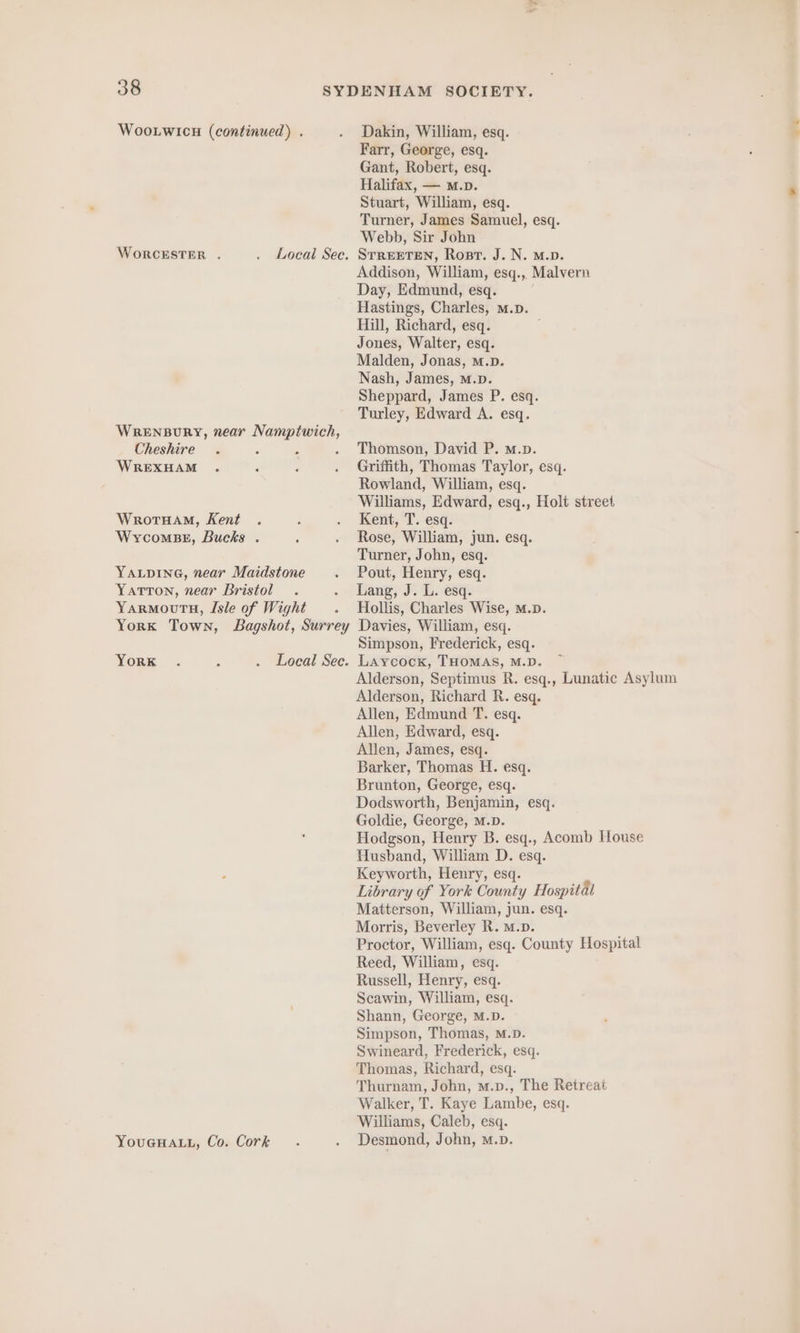 WORCESTER . . Local See. WRENBURY, near Namptwich, Cheshire R ‘ WREXHAM WYycoMBE, Bucks . YARMOUTH, Isle of Wight YoRK . A . Local Sec. YOUGHALL, Co. Cork Halifax, — M.p. Turner, James Samuel, esq. Webb, Sir John STREETEN, Rost. J. N. m.D. Addison, William, esq., Malvern Day, Edmund, esq. Hastings, Charles, m.p. Hill, Richard, esq. Sheppard, James P. esq. Thomson, David P. m.». Griffith, Thomas Taylor, esq. Williams, Edward, esq., Holt street Rose, William, jun. esq. Hollis, Charles Wise, M.D. Laycock, THOMAS, M.D. Alderson, Septimus R. esq., Lunatic Asylum Alderson, Richard R. esq. Allen, Edmund T. esq. Allen, Edward, esq. Barker, Thomas H. esq. Brunton, George, esq. Dodsworth, Benjamin, esq. Hodgson, Henry B. esq., Acomb House Husband, William D. esq. Keyworth, Henry, esq. Library of York County Hospital Matterson, William, jun. esq. Morris, Beverley R. M.v. Proctor, William, esq. County Hospital Reed, William, esq. Simpson, Thomas, M.D. Swineard, Frederick, esq. Thomas, Richard, esq. Thurnam, John, m.p., The Retreat Walker, T. Kaye Lambe, esq. Williams, Caleb, esq. Desmond, John, M.D. ce