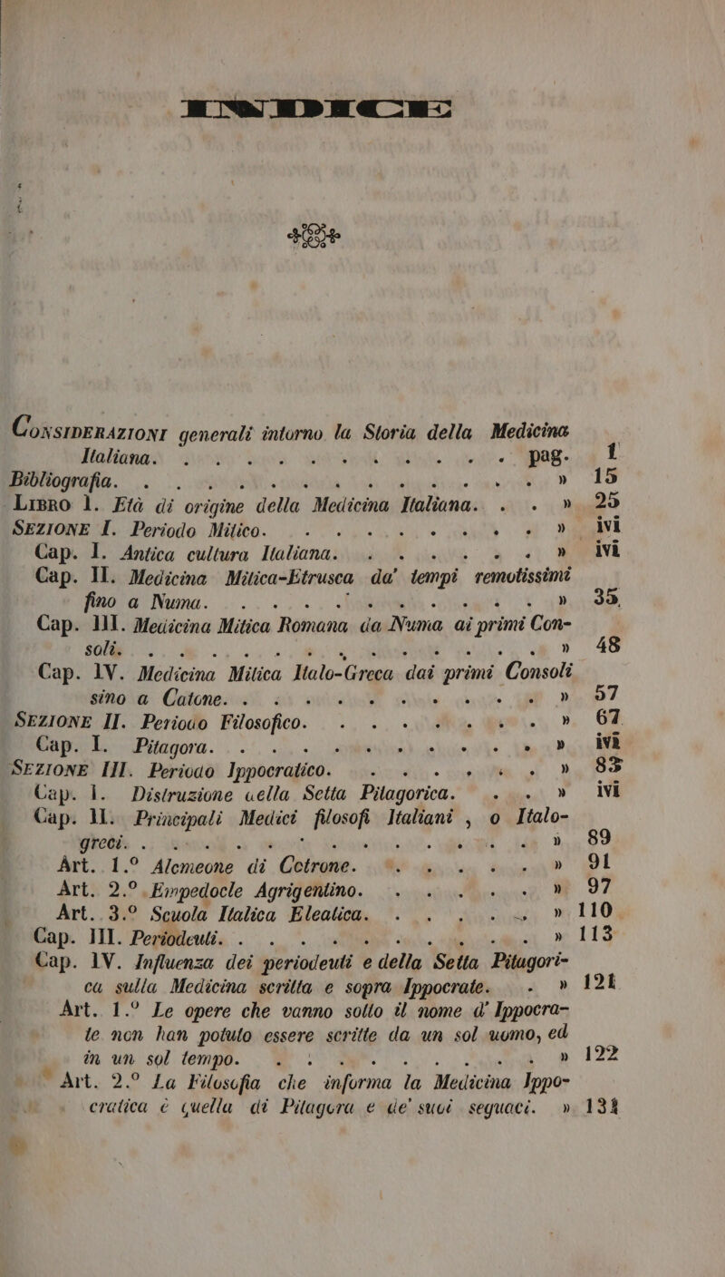 IIMWMIED ECC: FE ConsierazionI generali intorno la Storia della Medicina MATT | So Bio SR e det eg È Bibliografia. e o Li, ‘Lisro l. Età di origine della MedicinuTtaliana;. 0. Rya2> SEZIONE I. Periodo Mitico. o RE E, TA I Cap. 1. Antica cultura Italiana. . ico E BOVE Cap. II. Medicina Mitica-Etrusca de carpi remotissimi fino a Numa. ... » 35 Cap. III. Medicina Mitica Romana da Numa ai i primi Con- sol. ... «vo 48 Cap. 1V. Medicina Mitica Malo-Greca dal primi “Consoli sino a Catone. . . . + Hate » 57 SEZIONE II. Perioio Filosofico. +... . . +. » 67 Cap. I. Pitagora. . . a SEZIONE III. Periodo Ippocratico. ditta ER REC O Cap. i. Distruzione uella Setta Pilagorica.  » ivi Cap. MI. Principali Medici pista Italiani , © Italo- greci. i » 89 Art..1.° Alomeone di pia ia a I Art. 2.°,Empedocle Agrigentino. . . . . . » 97 Art..3.° Scuola Italica Eleatica. . . . .. » 110 Cap. JII. Periodeuli. . . » 113 Cap. 1V. Jnfluenza dei periodeuti e e della Sella Pitugori= ca sulla Medicina scritta e sopra Ippocrate. . » 128 Art. 1.° Le opere che vanno sotto il nome d' Ippocra- te non han potuto essere scritte da un sol uomo, ed in un sol tempo. . » 122 Wart.:2° La Filosofia che ae W Medicina Ippo- cratica è quella di Pilagera e de' suvi seguaci.» 13%