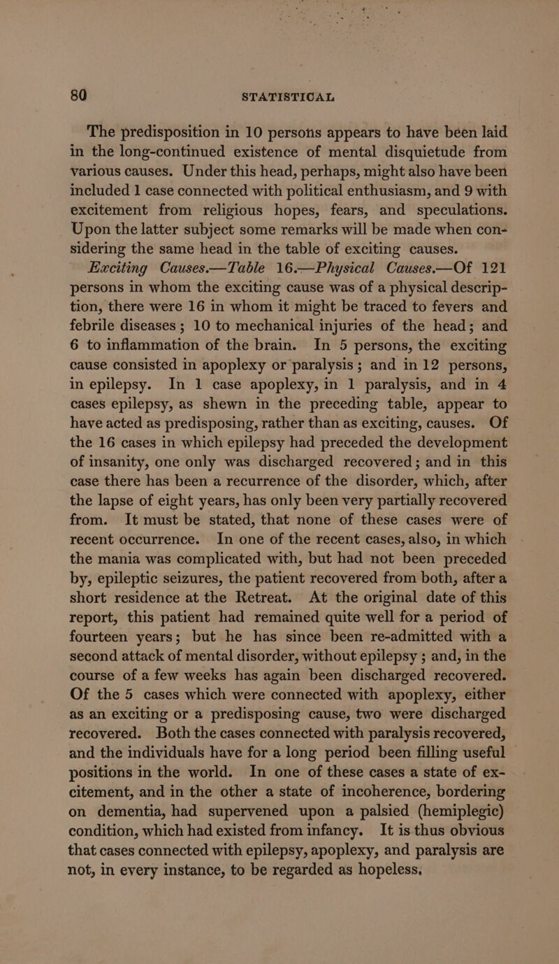 The predisposition in 10 persons appears to have been laid in the long-continued existence of mental disquietude from various causes. Under this head, perhaps, might also have been included 1 case connected with political enthusiasm, and 9 with excitement from religious hopes, fears, and speculations. Upon the latter subject some remarks will be made when con- sidering the same head in the table of exciting causes. Exciting Causes.—Table 16.—Physical Causes——Of 121 persons in whom the exciting cause was of a physical descrip- tion, there were 16 in whom it might be traced to fevers and febrile diseases ; 10 to mechanical injuries of the head; and 6 to inflammation of the brain. In 5 persons, the exciting cause consisted in apoplexy or paralysis ; and in 12 persons, in epilepsy. In 1 case apoplexy, in 1 paralysis, and in 4 cases epilepsy, as shewn in the preceding table, appear to have acted as predisposing, rather than as exciting, causes. Of the 16 cases in which epilepsy had preceded the development of insanity, one only was discharged recovered; and in this case there has been a recurrence of the disorder, which, after the lapse of eight years, has only been very partially recovered from. It must be stated, that none of these cases were of recent occurrence. In one of the recent cases, also, in which the mania was complicated with, but had not been preceded by, epileptic seizures, the patient recovered from both, after a short residence at the Retreat. At the original date of this report, this patient had remained quite well for a period of fourteen years; but he has since been re-admitted with a second attack of mental disorder, without epilepsy ; and, in the course of a few weeks has again been discharged recovered. Of the 5 cases which were connected with apoplexy, either as an exciting or a predisposing cause, two were discharged recovered. Both the cases connected with paralysis recovered, and the individuals have for a long period been filling useful positions in the world. In one of these cases a state of ex- citement, and in the other a state of incoherence, bordering on dementia, had supervened upon a palsied (hemiplegic) condition, which had existed from infancy. It is thus obvious that cases connected with epilepsy, apoplexy, and paralysis are not, in every instance, to be regarded as hopeless.