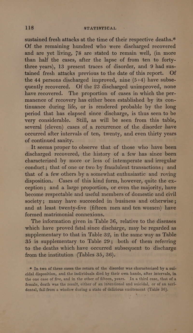 sustained fresh attacks at the time of their respective deaths.* Of the remaining hundred who were discharged recovered and are yet living, 78 are stated to remain well, (in more than half the cases, after the lapse of from ten to forty- three years), 13 present traces of disorder, and 9 had sus- tained fresh attacks previous to the date of this report. Of the 44 persons discharged improved, nine (5+4) have subse- quently recovered. Of the 23 discharged unimproved, none have recovered. The proportion of cases in which the per- manence of recovery has either been established by its con- tinuance during life, or is rendered probable by the long period that has elapsed since discharge, is thus seen to be very considerable. Still, as will be seen from this table, several (eleven) cases of.a recurrence of the disorder have occurred after intervals of ten, twenty, and even thirty years of continued sanity. It seems proper to observe that of those who have been discharged recovered, the history of a few has since been characterized by more or less of intemperate and irregular conduct; that of one or two by fraudulent transactions; and that of a few others by a somewhat enthusiastic and roving disposition. Cases of this kind form, however, quite the ex- ception; and a large proportion, or even the majority, have become respectable and useful members of domestic and civil society; many have succeeded in business and otherwise ; and at least twenty-five (fifteen men and ten women) have formed matrimonial connexions. The information given in Table 36, relative to the diseases which have proved fatal since discharge, may be regarded as supplementary to that in Table 32, in the same way as Table 35 is supplementary to Table 29; both of them referring to the deaths which have occurred subsequent to discharge from the institution (Tables 35, 36). * In two of these cases the return of the disorder was characterized by a sui- cidal disposition, and the individuals died by their own hands, after intervals, in the one case of five, and in the other of fifteen, years. In a third case, that of a female, death was the result, either of an intentional and suicidal, or of an acci- dental, fall from a window during a state of delirious excitement (Table 36). 4.