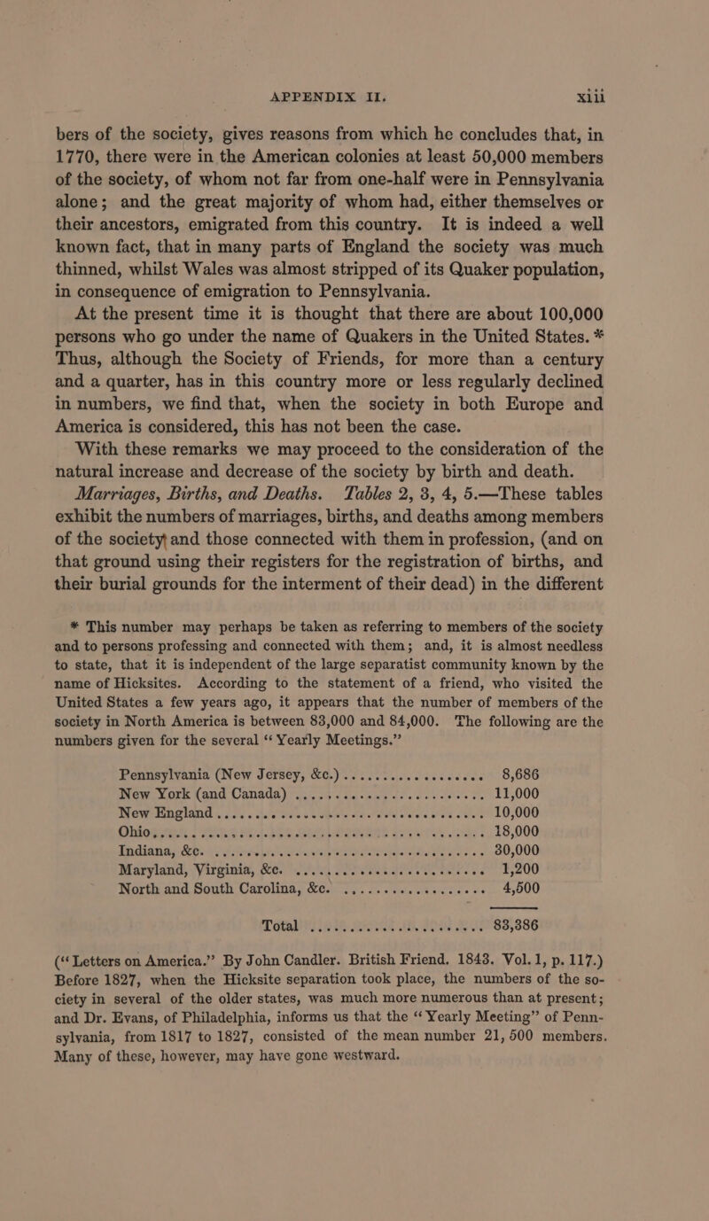 bers of the society, gives reasons from which he concludes that, in 1770, there were in the American colonies at least 50,000 members of the society, of whom not far from one-half were in Pennsylvania alone; and the great majority of whom had, either themselves or their ancestors, emigrated from this country. It is indeed a well known fact, that in many parts of England the society was much thinned, whilst Wales was almost stripped of its Quaker population, in consequence of emigration to Pennsylvania. At the present time it is thought that there are about 100,000 persons who go under the name of Quakers in the United States. * Thus, although the Society of Friends, for more than a century and a quarter, has in this country more or less regularly declined in numbers, we find that, when the society in both Europe and America is considered, this has not been the case. With these remarks we may proceed to the consideration of the natural increase and decrease of the society by birth and death. Marriages, Births, and Deaths. Tables 2, 3, 4, 5.—These tables exhibit the numbers of marriages, births, and deaths among members of the society} and those connected with them in profession, (and on that ground using their registers for the registration of births, and their burial grounds for the interment of their dead) in the different * This number may perhaps be taken as referring to members of the society and to persons professing and connected with them; and, it is almost needless to state, that it is independent of the large separatist community known by the name of Hicksites. According to the statement of a friend, who visited the United States a few years ago, it appears that the number of members of the society in North America is between 83,000 and 84,000. The following are the numbers given for the several ‘‘ Yearly Meetings.” Pennsylvania (New Jersey, &amp;c.).......... ities foe 8,000 ew York (ang Canada) “sy ).04 &lt; ta nay te oo versie’ te 11,000 New England....... Re, OS ne Pr pare oaths 10,000 Odes cet! rie e ed EG ORR RERE dene a S 18,000 Indiana, &amp;c. ..... ES ee wk eee en Cee 30,000 Maryland, Virginia, &amp;c. ...... Meee Pas cae ft E200 Tiortacand. South Carolina, Mea 26. 2. siesis oe ei Side wh 4,500 a GtOa LI SRR A Gee RA 83,386 (“Letters on America.” By John Candler. British Friend. 1843. Vol.1, p. 117.) Before 1827, when the Hicksite separation took place, the numbers of the so- ciety in several of the older states, was much more numerous than at present; and Dr. Evans, of Philadelphia, informs us that the ‘‘ Yearly Meeting” of Penn- sylvania, from 1817 to 1827, consisted of the mean number 21,500 members. Many of these, however, may have gone westward.