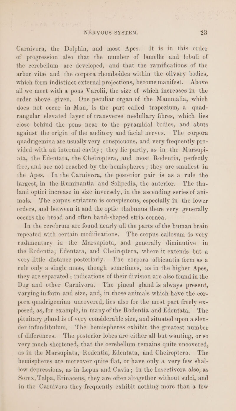 Carnivora, the Dolphin, and most Apes. It is in this order of progression also that the number of lamelle and lobuli of the cerebellum are developed, and that the ramifications of the arbor vite and the corpora rhomboidea within the olivary bodies, which form indistinct external projections, become manifest. Above all we meet with a pons Varolii, the size of which increases in the order above given. One peculiar organ of the Mammalia, which does not occur in Man, is the part called trapezium, a quad- rangular elevated layer of transverse medullary fibres, which lies close behind the pons near to the pyramidal bodies, and abuts against the origin of the auditory and facial nerves. The corpora quadrigemina are usually very conspicuous, and very frequently pro- vided with an internal cavity; they lie partly, as in the Marsupi- ata, the Edentata, the Cheiroptera, and most Rodentia, perfectly free, and are not reached by the hemispheres ; they are smallest in the Apes. In the Carnivora, the posterior pair is as a rule the largest, in the Ruminantia and Solipedia, the anterior. The tha- lami optici increase in size inversely, in the ascending series of ani- mals. The corpus striatum is conspicuous, especially in the lower orders, and between it and the optic thalamus there very generally occurs the broad and often band-shaped stria cornea. In the cerebrum are found nearly all the parts of the human brain repeated with certain modifications. The corpus callosum is very rudimentary in the Marsupiata, and generally diminutive in the Rodentia, Edentata, and Cheiroptera, where it extends but a very little distance posteriorly. The corpora albicantia form as a rule only a single mass, though sometimes, as in the higher Apes, they are separated ; indications of their division are also found in the Dog and other Carnivora. The pineal gland is always present, varying inform and size, and, in those animals which have the cor- pora quadrigemina uncovered, lies also for the most part freely ex- posed, as, for example, in many of the Rodentia and Edentata. The pituitary gland is of very considerable size, and situated upon a slen- der infundibulum, The hemispheres exhibit the greatest number of differences. The posterior lobes are either all but wanting, or so very much shortened, that the cerebellum remains quite uncovered, as in the Marsupiata, Rodentia, Edentata, and Cheiroptera. The hemispheres are moreover quite flat, or have only a very few shal- low depressions, as in Lepus and Cavia; in the Insectivora also, as Sorex, Talpa, Erinacens, they are often altogether without sulci, and in the Carnivora they frequently exhibit nothing more than a few