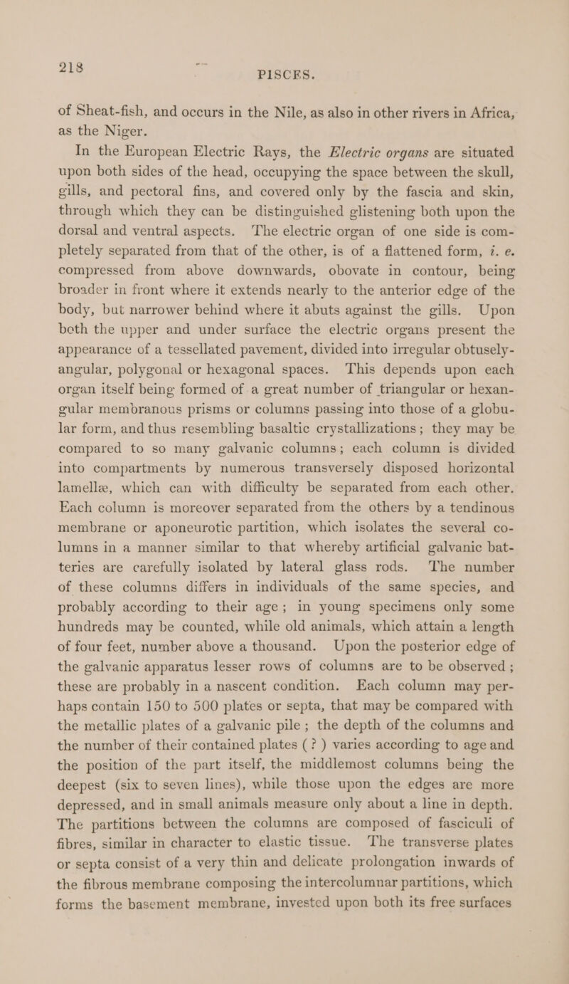 of Sheat-fish, and occurs in the Nile, as also in other rivers in Africa, as the Niger. In the European Electric Rays, the Electric organs are situated upon both sides of the head, occupying the space between the skull, gills, and pectoral fins, and covered only by the fascia and skin, through which they can be distinguished glistening both upon the dorsal and ventral aspects. The electric organ of one side is com- pletely separated from that of the other, is of a flattened form, 7. e. compressed from above downwards, obovate in contour, being broader in front where it extends nearly to the anterior edge of the body, but narrower behind where it abuts against the gills. Upon both the upper and under surface the electric organs present the appearance of a tessellated pavement, divided into irregular obtusely- angular, polygonal or hexagonal spaces. This depends upon each organ itself being formed of a great number of triangular or hexan- gular membranous prisms or columns passing into those of a globu- lar form, and thus resembling basaltic crystallizations; they may be compared to so many galvanic columns; each column is divided into compartments by numerous transversely disposed horizontal lamelle, which can with difficulty be separated from each other. Each column is moreover separated from the others by a tendinous membrane or aponeurotic partition, which isolates the several co- lumns in a manner similar to that whereby artificial galvanic bat- teries are carefully isolated by lateral glass rods. The number of these columns differs in individuals of the same species, and probably according to their age; in young specimens only some hundreds may be counted, while old animals, which attain a length of four feet, number above a thousand. Upon the posterior edge of the galvanic apparatus lesser rows of columns are to be observed ; these are probably in a nascent condition. Each column may per- haps contain 150 to 500 plates or septa, that may be compared with the metallic plates of a galvanic pile ; the depth of the columns and the number of their contained plates (? ) varies according to age and the position of the part itself, the middlemost columns being the deepest (six to seven lines), while those upon the edges are more depressed, and in small animals measure only about a line in depth. The partitions between the columns are composed of fasciculi of fibres, similar in character to elastic tissue. The transverse plates or septa consist of a very thin and delicate prolongation inwards of the fibrous membrane composing the intercolumnar partitions, which forms the basement membrane, invested upon both its free surfaces