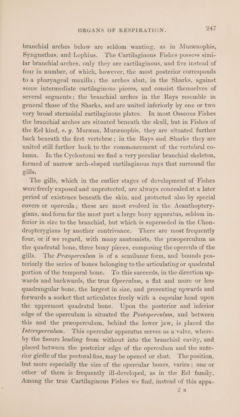 branchial arches below are seldom wanting, as in Murenophis, Syngnathus, and Lophius. The Cartilaginous Fishes possess simi- lar branchial arches, only they are cartilaginous, and five instead of four in number, of which, however, the most posterior corresponds to a pharyngeal maxilla; the arches abut, in the Sharks, against some intermediate cartilaginous pieces, and consist themselves of several segments; the branchial arches in the Rays resemble in general those of the Sharks, and are united inferiorly by one or two very broad sternoidal cartilaginous plates. In most Osseous Fishes the branchial arches are situated beneath the skull, but in Fishes of the Eel kind, e. g. Murzena, Murenophis, they are situated further back beneath the first vertebrae; in the Rays aud Sharks they are united still further back to the commencement of the vertebral co- lumn. In the Cyclostomi we find a very peculiar branchial skeleton, formed of narrow arch-shaped cartilaginous rays that surround the gills, The gills, which in the earlier stages of development of Fishes were freely exposed and unprotected, are always concealed at a later period of existence beneath the skin, and protected also by special covers or opercula; these are most evolved in the Acanthoptery- gians, and form for the most part a large bony apparatus, seldom in- ferior in size to the branchial, but which is superseded in the Chon- dropterygians by another contrivance. There are most frequently four, or if we regard, with many anatomists, the preoperculum as the quadratal bone, three bony pieces, composing the opercula of the gills. The Preoperculum is of a semilunar form, and bounds pos- teriorly the series of bones belonging to the articulating or quadratal portion of the temporal bone. To this succeeds, in the direction up- wards and backwards, the true Operculum, a flat and more or less quadrangular bone, the largest in size, and presenting upwards and forwards a socket that articulates freely with a capsular head upon the uppermost quadratal bone. Upon the posterior and inferior edge of the operculum is situated the Postoperculum, and between this and the preoperculum, behind the lower jaw, is placed the Interoperculum. 'This opercular apparatus serves as a valve, where- by the fissure leading from without into the branchial cavity, and placed between the posterior edge of the operculum and the ante- rior girdle of the pectoral fins, may be opened or shut. The position, but more especially the size of the opercular bones, varies; one or other of them is frequently ill-developed, as in the Eel family. Among the true Cartilaginous Fishes we find, instead of this appa- 2B