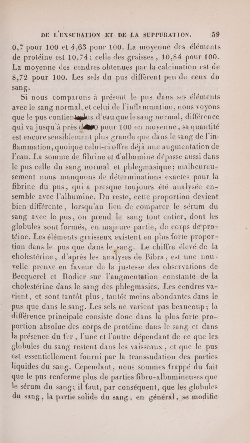 0,7 pour 100 et 4,63 pour 100. La moyenne des éléments de protéine est 10,74; celle des graisses, 10,84 pour 100. La moyenne des cendres obtenues par la calcination est de 8,72 pour 100. Les sels du pus différent peu de ceux du sang. Si nous comparons à présent le pus dans ses éléments avec le sang normal, et celui de l’inflammation, nous voyons que le pus contientgglus d’eau que lesang normal, différence qui va jusqu’à près déé#0 pour 100 en moyenne , sa quantité est encore sensiblement plus grande que dans le sang de l’in- flammation, quoique celui-ci offre déjà une augmentation de l’eau. La somme de fibrine et d’albumine dépasse aussi dans le pus celle du sang normal et phlesmasique; malheureu- sement nous manquons de déterminations exactes pour la fibrine du pus, qui a presque toujours été analysée en- semble avec l'albumine. Du reste, cette proportion devient bien différente, lorsqu’au lieu de comparer le sérum du sang avec le pus, on prend le sang tout entier, dont Îles globules sont formés, en majeure partie, de corps de’pro- téine. Les éléments graisseux existent en plus forte propor- ton dans le pus que dans le sang. Le chiifre élevé de la cholestérine, d’après les 1e. ne de Bibra, est une nou- velle preuve en faveur de la justesse des observations de Becquerel et Rodier sur l'augmentation constante de la cholestérine dans le sang des phlesmasies. Les cendres va- rient, et sont tantôt plus, tantôt moins abondantes dans le pus que dans le sang. Les sels ne varient pas beaucoup; la différence principale consiste donc dans la plus forte pro- portion absolue des corps de protéine dans le sang et dans la présence du fer , l’une et l’autre dépendant de ce que les globules du sang restent dans les vaisseaux , et que le pus est essentiellement fourni par la transsudation des parties liquides du sang. Cependant, nous sommes frappé du fait que le pus renferme plus de parties fibro-albumineuses que le sérum du sang; il faut, par conséquent, que les globules du sang, la partie solide FA sang, en général, se modifie