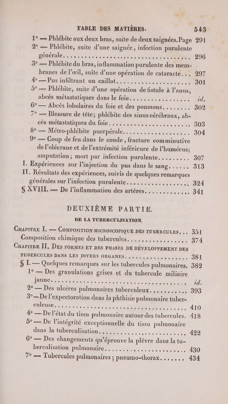 1° — Phlébite aux deux bras, suite de deux saignées. Page 291 2° — Phlébite, suite d’une saignée , infection purulente BÉRETAlE Liu does D dau ji svt 41: 296 3° — Phlébite du bras, inflammation purulente des mem- branes de l’œil, suite d’une opération de cataracte... 297 4° — Pus infiltrant un caillot. ......,......... ie «2 DO 9° — Phlébite, suite d’une opération de fistule à l'anus, abcès métastatiques dans le foie........ CNE EE ENT À 6°— Abcès lobulaires du foie et des poumons. ....... 302 7° — Blessure de tête; phlébite des sinus cérébraux, ab- cès métastatiques du faie, ,,,,,,,..,............ 303 8° — Métro-phlébite puerpérale.. ,.,... heu: 04 9° — Coup de feu dans le coude , fracture comminutive de l’olécrane et de l’extrémité inférieure de l’humérus; amputation; mort par infection purulente......... 307 1. Expériences sur l'injection du pus dans le sang, ...., 913 IT. Résultats des expériences, suivis de quelques remarques générales sur l'infection purulenie,.,.,..,.......... 394 $ XVIII. — De l’inflammation des artères... ... Este dos DA DEUXIÈME PARTIE. DE LA TUBERCULISATION. CnaritRe 1, — Composition MICROSCOPIQUE DES TUBERCULES, .. 351 Composition chimique des tubercules, ............. 132 974 Cnamrre IT, Des roRMES ET DES PHASFS DE DÉVELOPPEMENT DES TUBERCULES DANS LES DIVERS ORGANES. .... soeurs... 381 $ L. — Quelques remarques sur les tubercules pulmonaires, 382 1° — Des granulations grises et du tubercule miliaire ] RS SR ROME MEN nn rt ne 7 Ce 2° — Des ulcères pulmonaires tuberculeux. ..,....... 303 3°—De l’expectoration dans la phthisie pulmonaire tuber- CHE NE. ut AFTER Fin SUPER . 410 49 — De l’état du tissu pulmonaire autour des tubercules. 418 5° — De l'intégrité exceptionnelle du tissu pulmonaire dans la tuberculisation, ........ A de 10 6° — Des changements qu’éprouve la plèvre dans la tu- berculisation pulmonaire. .,...,.......,........ 430 79 == Tubercules pulmonaires ; pneumo-thorax. ..,,,,. 434