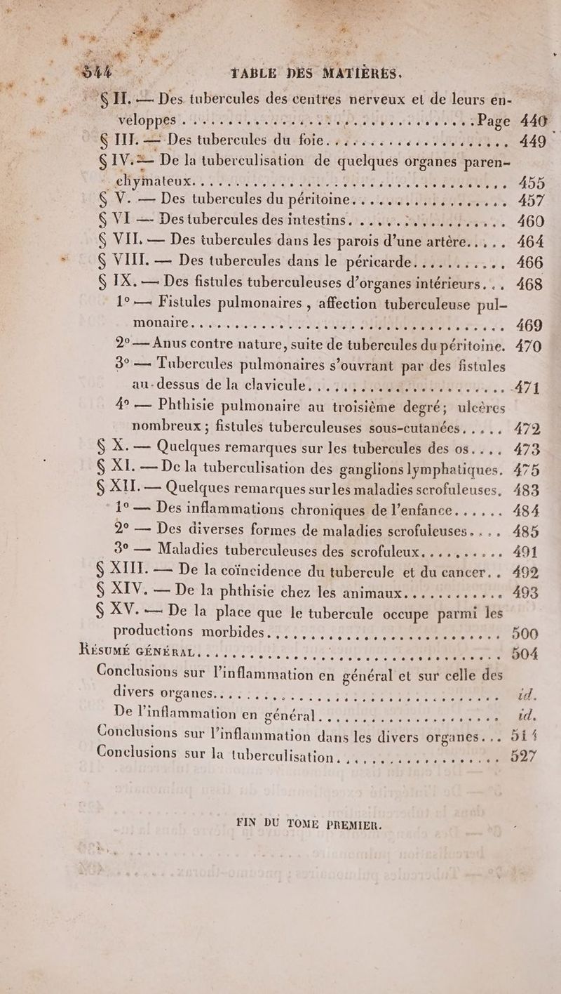 véloppés). A0 UN SNS SAP NUS. 0, Pate Ç IIT. — Des tubercules du foie. .,:.....4,.,.,,,.... $1V:= De la tuberculisation de quelques organes paren- £lymateUxs, RGO SA b GE LOT ABS $ V. — Des tubercules du.péritoines 444000, $ VI —- Destubercules des intestins, ..,,.:.,...,..... $ VIT — Des tubercules dans les parois d’une artère... .. $ VIIT. — Des tubercules dans le péricarde......:..., Ç IX. — Des fistules tuberculeuses d’organes intérieurs... 1°— Fistules pulmonaires , affection tuberculeuse pul- MONAIPE.. restes DNS TRE ONE, €, 2°— Anus contre nature, suite de tubercules du péritoine. 3° — Tubercules pulmonaires s’ouvrant par des fstules 4° — Phthisie pulmonaire au troisième degré; ulcères nombreux ; fistules tuberculeuses sous-cutanées, . . $ À. — Quelques remarques sur les tubercules des os... $ XI. — De la tuberculisation des ganglions Iymphatiques. $ XIT. — Quelques remarques surles maladies serofuleuses, 1° — Des inflammations chroniques de l'enfance... 2° — Des diverses formes de maladies scrofuleuses. . 3° — Maladies tuberculeuses des scrofuleux. ...,..... $ XIIT. — De la coïncidence du tubercule et du cancer. . $ XIV. — De la phthisie chez les animaux. ........... $ XV. — De la place que le tubercule occupe parmi les productions morbides 14020 ROM Conclusions sur l’inflammation en général et sur celle des divers OTSANES TS ESS RE M Re De l'inflarmmation en DÉNÉTAL EE Conclusions sur l’inflammation dans les divers organes... Conclusions sur la tuberculisation, FIN DU TOME PREMIER.