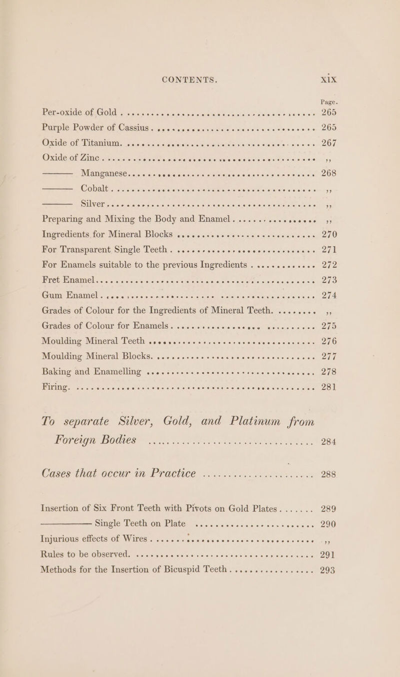Page Bees OM IGE Oe CONG Fe ors 5 since ha Fog hs oa Penee &amp; Oa oldcale ahoreare avast 265 maeple, Powder OF Caxcitd:. 65s asns way aud s eweds slic Slosaesies 265 Ciside Of ‘Titania: 5:6\0 5 hc sea aelnain wera eingan ses Seta toyor'er oe 267 Oxide. of Zine: o}: oat ee ates es Fe ea CC CE eT eee Sega Ni Manganese...... Saye we tele wremere aio sieiGesiaue ieee) heheiahess 268 Cobalt). casuaszas we Lente eee Bie eee ae LSkvatinei #3 PPLVG Epic Ae oak ore! sis oud kegel ene iosohevekels cel ajeve nies Motil atte i Preparing and Mixing the Body and. Enamel....:.+ <i s<s'sseaeed . 93 Ingredients for Mineral Blocks ......seeecesscescsseccccces 270 For Transparent, Single Teeth . ....c-scccerscccesvees sale cae For Enamels suitable to the previous Ingredients ........ sacee Jie Fret Enamel..... BO Ce ern Ce Cater eg Oe Ce Oe toIc 273 Gum Enamel. ..0< voces snes Sinan Otedeae Aiea onss PG isons oks-0 274 Grades of Colour for the Ingredients of Mineral Teeth. ........ ,, Grades of Colour for Enamels...... Balas aie SECC ee ee 275 Moulding Mineral Teeth weceeessoeseccoese eons sl Ways cova eberauauausye 276 Moulding Mineral Blocks. ......-+02se00. slayarsiatelare, anol .s) eieters 277 Baking and Enamelling .......2sssecscsevcssscccscescsces 278 ATM. 20 c a eis <0 seis sia: sess ciere sie sioeitioaue ea stare wie uely ata les 281 To separate Silver, Gold, and Platinum from ORCI OUNCES) oe FeO ss Be Se EA Cases that oéeur im Prachice <<e6 i nooo oo 288 Insertion of Six Front Teeth with Pivots on Gold Plates. ...... 289 PREZ Ie PCG, OF MENG en Bas ncies sence o eo 6 0% 06 5.00 290 Injurious effects of Wires....... cy ep errr re reer ee us PRCT DS OUCEL VEE, os cron s « ce tele 6% doa 0 Seine ds 6e oo Rme-aiel aa’ 291 Methods for the Insertion of Bicuspid Teeth. ................ 293
