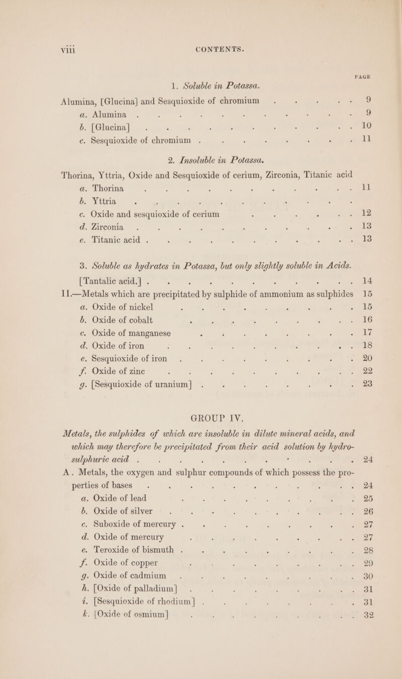 PAGE 1. Soluble in Potassa. Alumina, [Glucina] and Sesquioxide of chromium. : ; eee) a. Alumina . : : ; : . : ‘ ue b, [Glucina] . ‘ : : ; : ; : ; a fat c. Sesquioxide of chromium . : ; . : ; ; sol 2. Insoluble in Potassa. Thorina, Yttria, Oxide and Sesquioxide of cerium, Zirconia, Titanic acid a. Thorina , ; : ; ; : - : ; paige 6. Yttria , ; ¢. Oxide and sesquioxide of cerium : ; : ; - eZ d. Zirconia . : : : : ; 5 ‘ ; : ra e. Titanic acid . : ; , ‘ : 4 ; 4 ~ les 3. Soluble as hydrates in Potassa, but only slightly soluble in Acids. | Tantalic acid.] . : : : 14 11.—Metals which are precipitated by sande of ammonium as Alemaes 15 a. Oxide of nickel . ‘ ‘ ‘ ; ; : : oe 6. Oxide of cobalt : , , : : : ‘ 5. Ree geal c. Oxide of manganese ; : : : ; : ee i d. Oxide of iron : s ; : ei) e. Sesquioxide of iron. : : : . : ee) f. Oxide of zine : ; : ; : te ee g. [Sesquioxide of uranium] . ‘ , : : . 23 GROUP IV. Metals, the sulphides of which are insoluble in dilute mineral acids, and which may therefore be precipitated from their acid solution by ae sulphuric acid. : : 24 A. Metals, the oxygen and ree uae of aie possess the pro- perties of bases. : : , ; ; ; ‘ ; eer a. Oxide of lead ; : » 25 b. Oxide of silver. ; 5 : ; : a c. Suboxide of mercury . : ; ; : : ane | d. Oxide of mercury : : ; : : ‘ 2 te ee e. Teroxide of bismuth . : ; : , ; : : ae f. Oxide of copper ; , ; : ea eee g. Oxide of cadmium ; : : . 380 h. (Oxide of palladium]. : ; ; ae z. [Sesquioxide of rhodium] . : é + cel k. [Oxide of osmium] ' othe ail