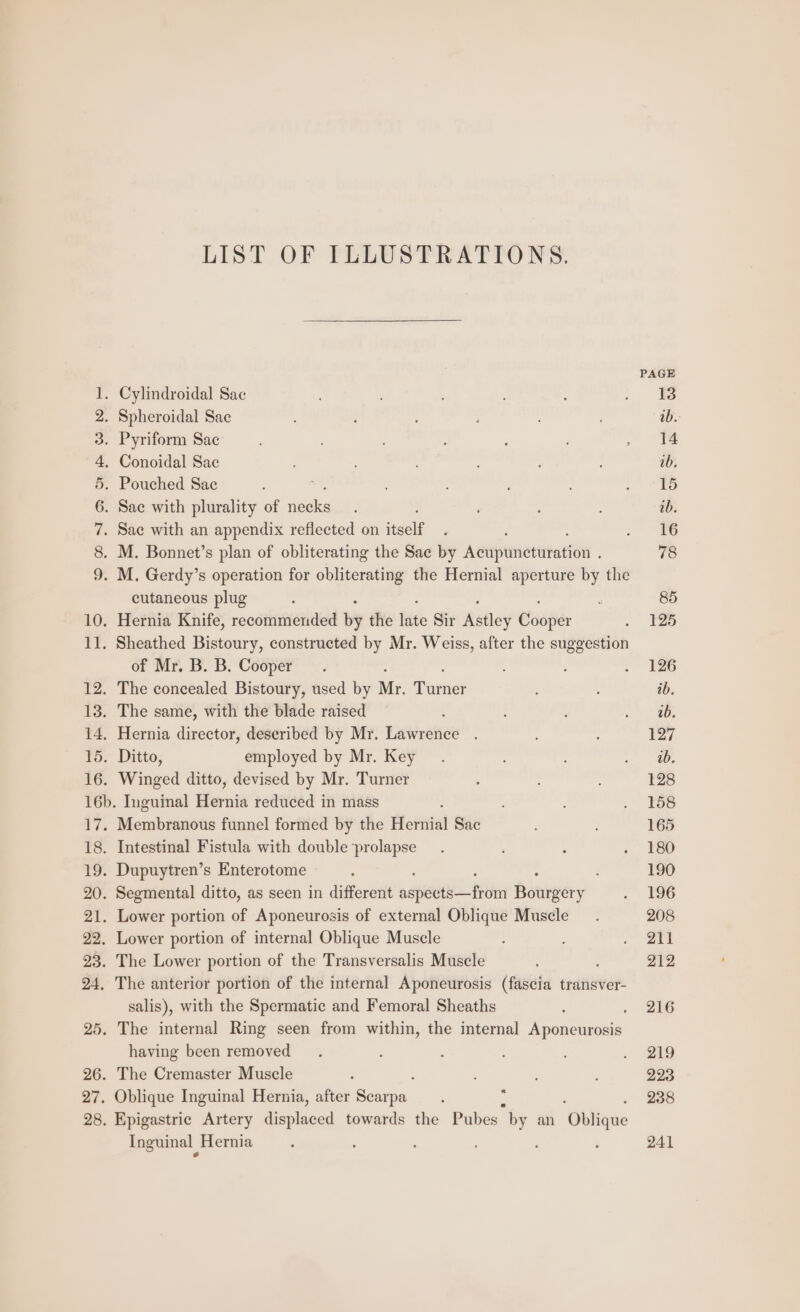 LIST OF TLLUSTRATIONS. PAGE 1. Cylindroidal Sac : : : 2. Spheroidal Sac : ; ab. 3. Pyriform Sac ‘ “ie 4, Conoidal Sac 2b. 5. Pouched Sac : ee |) 6. Sac with plurality of neake ; : : : ab. 7. Sac with an appendix reflected on itself . . “ES 8. M. Bonnet’s plan of obliterating the Sac by Acapineritetin . 78 9. M. Gerdy’s operation for obliterating the Hernial aperture by the cutaneous plug : ‘ 85 10. Hernia Knife, recommended by the fat Sir Radley Cospier » fae 11. Sheathed Bistoury, constructed by Mr. Weiss, after the suggestion of Mr. B. B. Cooper. : ; ES 12. The concealed Bistoury, used by Mr. Turnet : : ib. 13. The same, with the blade raised 4 Vee, 14, Hernia director, deseribed by Mr. Lawrence . : 127 15. Ditto, employed by Mr. Key. é ae (A 16. Winged ditto, devised by Mr. Turner : ; 128 16b. Inguinal Hernia reduced in mass : . 158 17. Membranous funnel formed by the Hernial Sac 165 18. Intestinal Fistula with double ‘prolapse. : - 180 19. Dupuytren’s Enterotome : 190 20. Segmental ditto, as seen in different aspeuey = itn fomgery . 196 21. Lower portion of Aponeurosis of external Oblique Muscle. 208 22. Lower portion of internal Oblique Muscle : - ae 23. The Lower portion of the Transversalis Muscle 212 24, The anterior portion of the internal Aponeurosis (fascia transver- salis), with the Spermatic and Femoral Sheaths ‘ . 2bG 25. The internal Ring seen from within, the internal Aponeurosis having been removed. ; : ; . 20 26. The Cremaster Muscle 7 223 27. Oblique Inguinal Hernia, after Seaia. : f 238 28. Epigastric Artery displaced towards the Pubes “by an ‘Oblique Inguinal | Hernia : ’ ' ‘ 241
