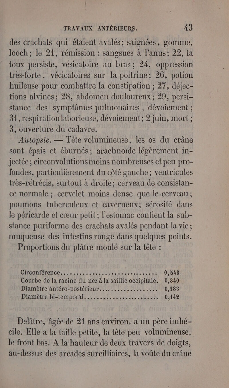 des crachats qui étaient avalés; saignées, gomme, looch; le 21, rémission : sangsues à lanus; 22, la toux persiste, vésicatoire au bras; 24, oppression très-forte, vécicatoires sur la poitrine; 26, potion huileuse pour combattre la constipation ; 27, déjec- tions alvines ; 28, abdomen douloureux; 29, persi- stance des symptômes pulmonaires , dévoiement ; à le respiration laborieuse, dévoiement; 2 juin, mort ; 3, ouverture du cadavre. Autopsie. — Tête volumineuse, les os du crâne sont épais et éburnés ; arachnoïde légèrement in- Jectée; circonvolutions moins nombreuses et peu pro- fondes, particulièrement du côté gauche; ventricules très-rétrécis, surtout à droite; cerveau de consistan- ce normale ; cervelet moins dense que le cerveau ; poumons tuberculeux et caverneux; sérosité dans le péricarde et cœur petit ; l'estomac contient la sub- stance puriforme des crachats avalés pendant la vie; muqueuse des intestins rouge dans quelques points. Proportions du plâtre moulé sur la tête : Circonférence......... PAZ NE US LL VRL EE CDS Courbe de la racine du nez à la saillie occipitale. 0,340 Diamètre antéro-postérieur.............e..... 0,183 Diamètre bi-temporal, ........ ss... 0,142 Deltre, âgée de 21 ans environ, a un père imbé- cile. Elle a la taille petite, la tête peu volumineuse, Je front bas. A la hauteur de deux travers de doigts, au-dessus des arcades surcilliaires, la voûte du crâne