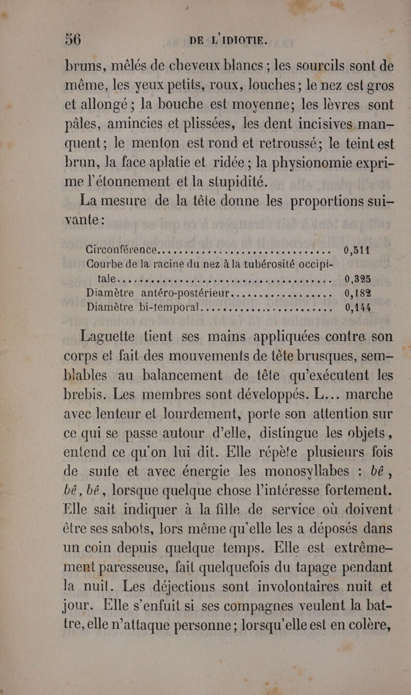 bruns, mêlés de cheveux blancs ; les sourcils sont de même, les yeux petits, roux, louches; le nez est gros et allongé ; la bouche est moyenne; les lèvres sont pâles, amincies et plissées, les dent incisives man quent; le menton est rond et retroussé; le teint est brun, la face aplatie et ridée ; la physionomie expri- me l'étonnement et la stupidité. La mesure de la têle donne les proportions sui- vante : CITÉE er eme e Paie se ss ME TETRE EApies LE: : Courbe de la racine du nez à la tubérosité occipi- tale re ni shbtitéemsinfis cbréridh/e she levres y 012 Diamètre antéro-postérieur...... LE 0,182 Diamètre bi-temporal.......,,,,.... ns 7 0,144 Laguette tient ses mains appliquées contre. son corps et fait des mouvements de tête brusques, sem- biables au balancement de tête qu’exécutent les brebis. Les membres sont développés. L... marche avec lenteur et lourdement, porte son attention sur ce qui se passe autour d'elle, distingue les objets, entend ce qu'on lui dit. Elle répète plusieurs fois de suite et avec énergie les monosyilabes : bé, bé, bé, lorsque quelque chose l’intéresse fortement. Elle sait indiquer à la fille de service où doivent être ses sabots, lors même qu'elle les a déposés dans un coin depuis quelque temps. Elle est extrème- ment paresseuse, fait quelquefois du tapage pendant la nuit. Les déjections sont involontaires nuit et jour. Elle s'enfuit si ses compagnes veulent la bat- tre, elle n’attaque personne; lorsqu'elle est en colère,