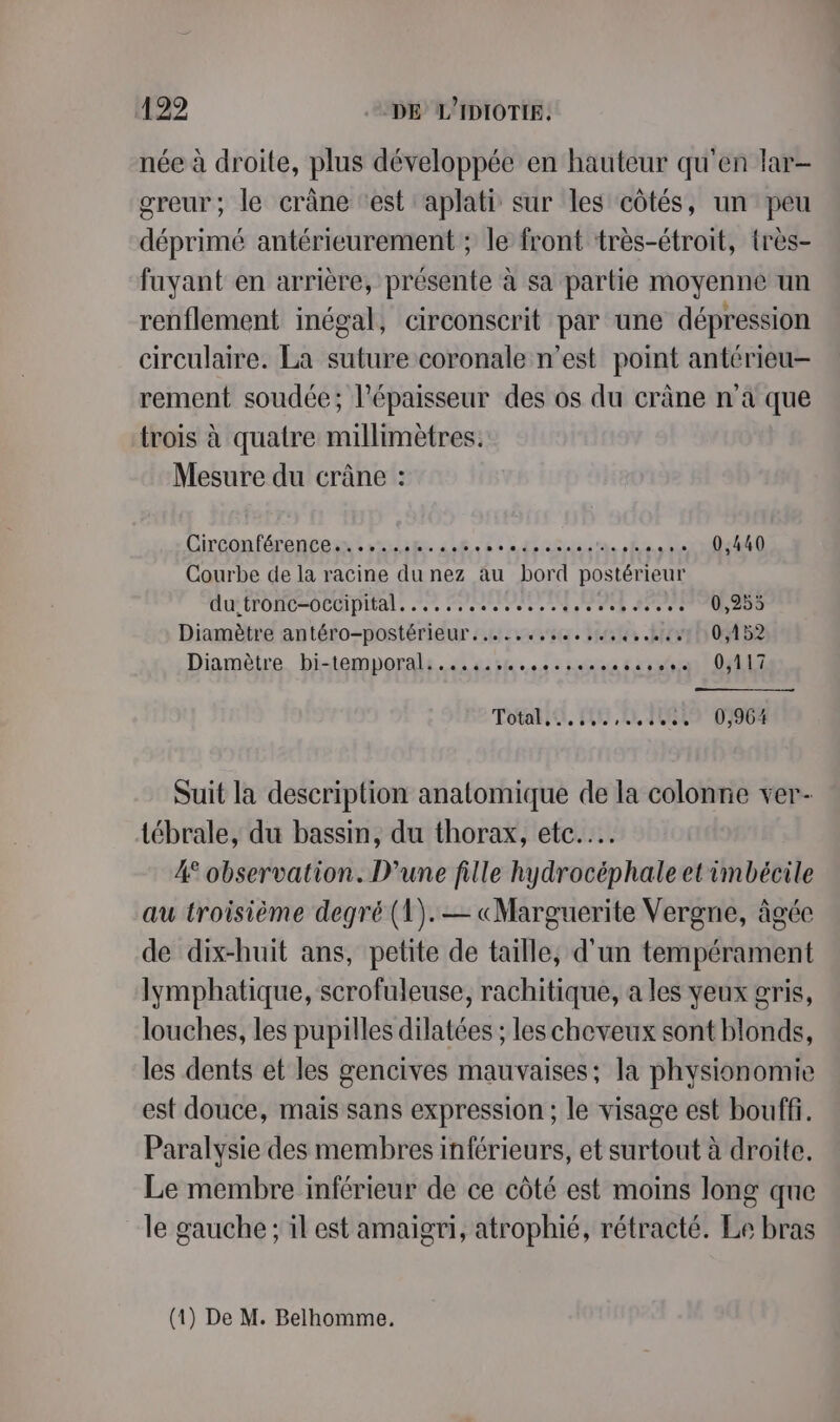 née à droite, plus développée en hauteur qu'en lar- greur; le crâne ‘est aplati sur les côtés, un peu déprimé antérieurement ; le front très-étroit, très- fuyant en arrière, présente à sa partie moyenne un renflement inégal, circonscrit par une dépression circulaire. La suture coronale n’est point antérieu- rement soudée; l'épaisseur des os du crâne n’à que trois à quatre millimètres. Mesure du crâne : Circonférenceuntrnan 406 Ltée, ss Courbe de la racine du nez au bord postérieur du:tronc-occipital............... RS ts cd de, Diamètre antéro-postérieur..…... ie tte MID OR Diamètre, bi-temporals. eat eee pose cer OUT Totalit, FER TERRE 0,964 Suit la description anatomique de la colonne ver- tébrale, du bassin, du thorax, etc... 4° observation. D'une fille hydrocéphale et imbécile au troisième degré (1).— «Marguerite Vergne, âgée de dix-huit ans, petite de taille, d'un tempérament lymphatique, scrofuleuse, rachitique, a les yeux gris, louches, les pupilles dilatées ; les cheveux sont blonds, les dents et les gencives mauvaises; la physionomie est douce, mais sans expression ; le visage est bouffi. Paralysie des membres inférieurs, et surtout à droite. Le membre inférieur de ce côté est moins long que le gauche ; il est amaigri, atrophié, rétracté. Le bras