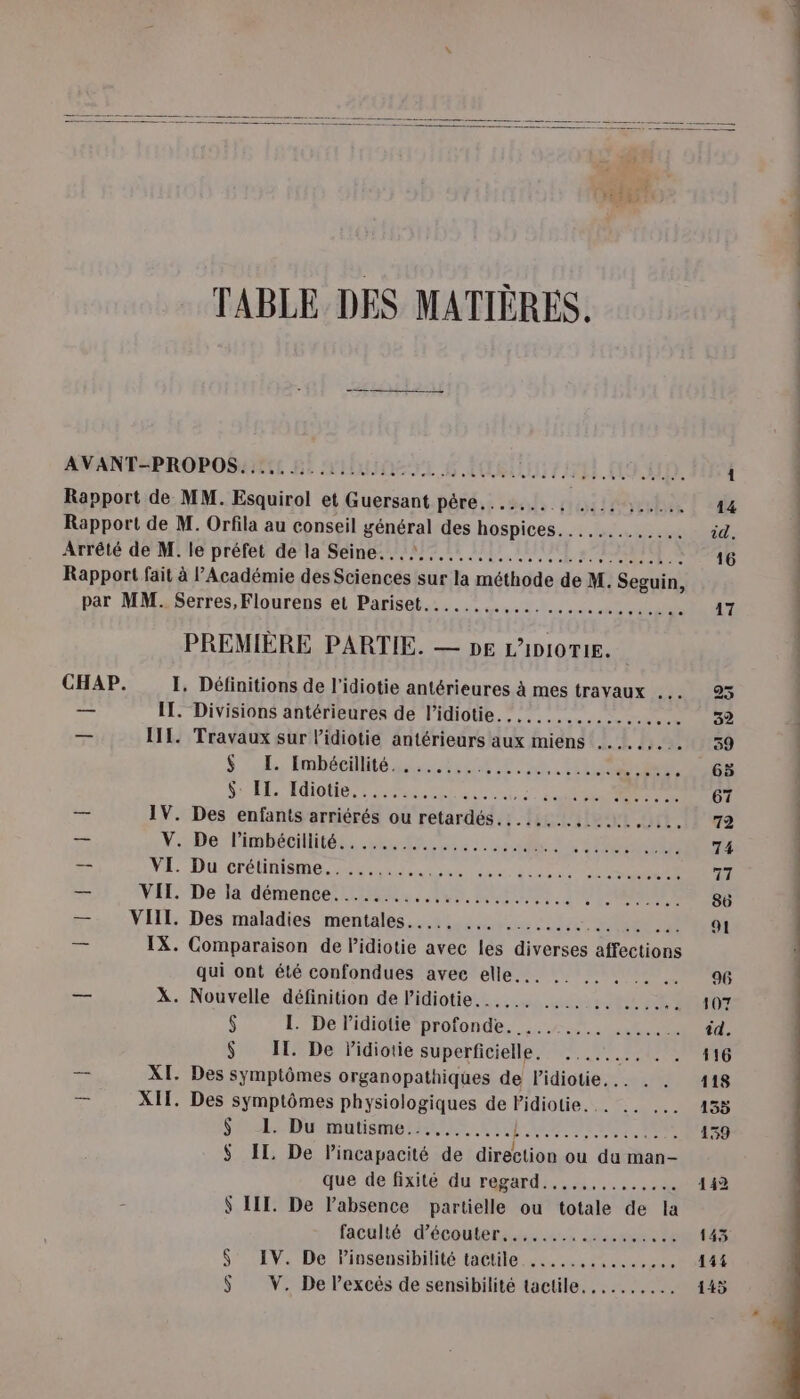 “ii rl | À FA TABLE DES MATIÈRES. AVANFAPROPOSETEL BE MIEUNE SL GLS GUE CL LTD. 1 Rapport de MM. Esquirol et Guersant père....... FOLIES ere 14 Rapport de M. Orfila au conseil général des hospices........,..... id. Arrêté de M. le préfet de la Seine. ....,..........,:..:.0..10 16 Rapport fait à l’Académie des Sciences sur la méthode de M. Seguin, par MM.Serres,Flourens et Pariset.:..,,,.,................. 17 PREMIÈRE PARTIE. — DE L’IDIOTIE. CHAP. I. Définitions de l’idiotie antérieures à mes travaux ... 923 Ee IT. Divisions antérieures de l’idiotie................... 32 — IT. Travaux sur l’idiotie antérieurs aux miens ....... 3. 1159 $ E. Imbécillité. . ...... ME 80h 2 TOUTE 635 LUS 1 PE OU LM PRESS RE ARE NEA 67 _ IV. Des enfants arriérés ou retardés. .......,.......... 72 — Y.rBe Timbésiiét. es EAU. 14 STRSR 74 — NS. DO CT MIMRE AE LA Sue dut 4020 ONE ENS 77 _ VIEL. Ds la démence: Li, US RUES PENMNNRE 86 — VITE Des maladies mentales. 41,244 Sel 91 — IX. Comparaison de Pidiotie avec les diverses affections qui ont été confondues avee elle... .. .. . .. . 96 — X. Nouvelle définition de Pidiotie...,.. ....... ...... 107 $ 1. De lidiotie profonde, ...:... Le id. $ IT. De Pidiotie superficielle, ........ . . 416 — XI. Des symptômes organopathiques de Pidiotie... . . 118 — XIT. Des symptômes physiologiques de Fidioie sue Mae 135 SOA Dutsafsmerns LEUR IENTSON SR AE $ II, De Pincapacité de dirésüion ou da man- que de fixité du regard....,,..,..... 142 $ IT. De l'absence partielle ou totale de la facalté: d'écouter. sole 143 $ IV. De linsensibilité tactile .....,..,......, 144 $ V. De l’excés de sensibilité tactile. ......... 145